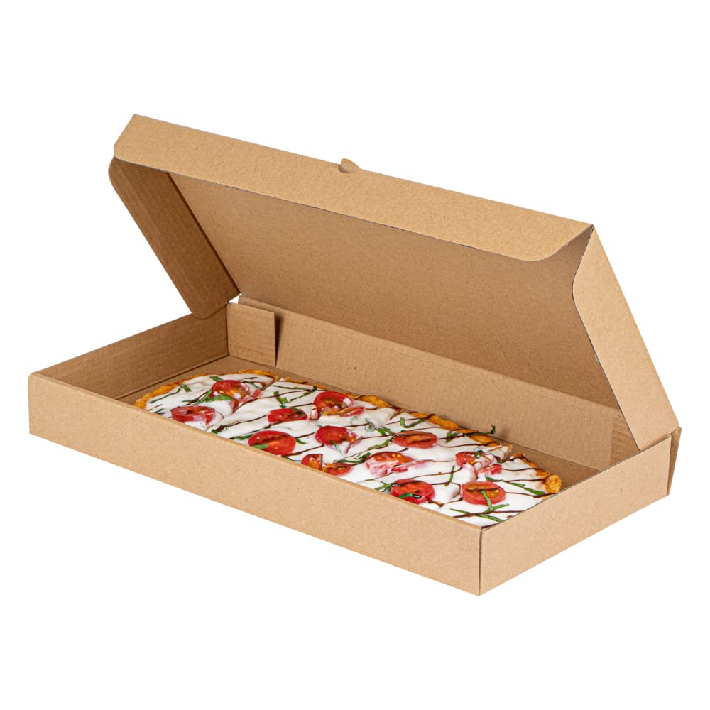 Eco-Friendly 15 x 7 x 1.5 Inch Flatbread Takeaway Boxes - 50 Pack Corrugated Pizza Boxes with E-Flute Design & Tab-Lock System | Kraft & Green Paper Disposable Food Containers for Restaurants, Catering & Delivery Services