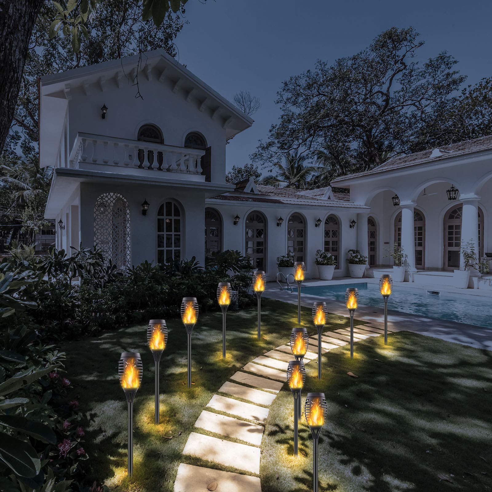 4 Pack Upgraded Solar Torch Lights Outdoor - Waterproof Flickering Flame Solar Lights for Garden, Pathway, Yard & Patio | Decorative Landscape Lighting with Dancing Flame Effect for Evening Ambience