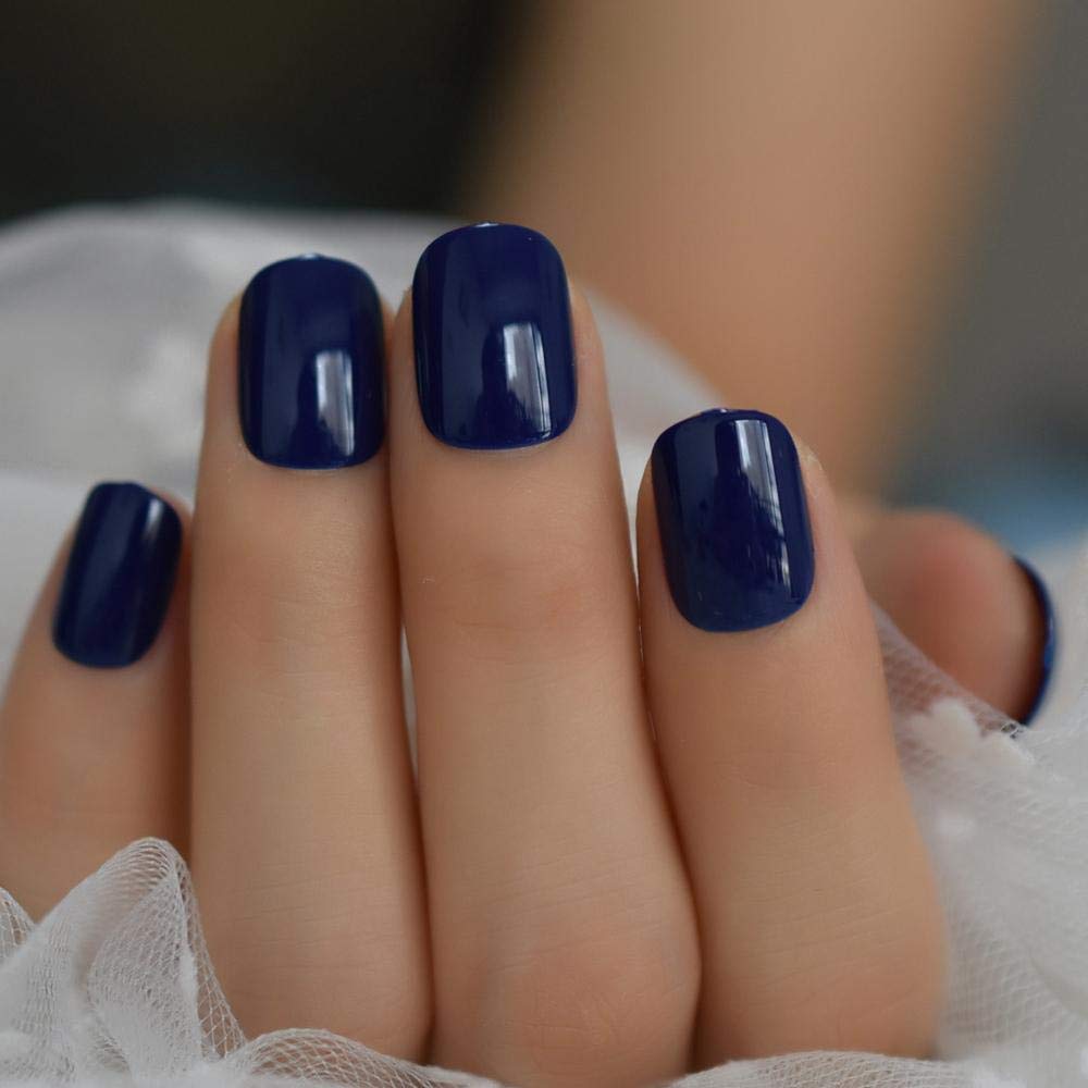 Short Round Press-On Fake Nails - Dark Blue Shiny Solid Acrylic Nail Tips for Women | Perfect for Everyday Wear, Parties & Special Occasions