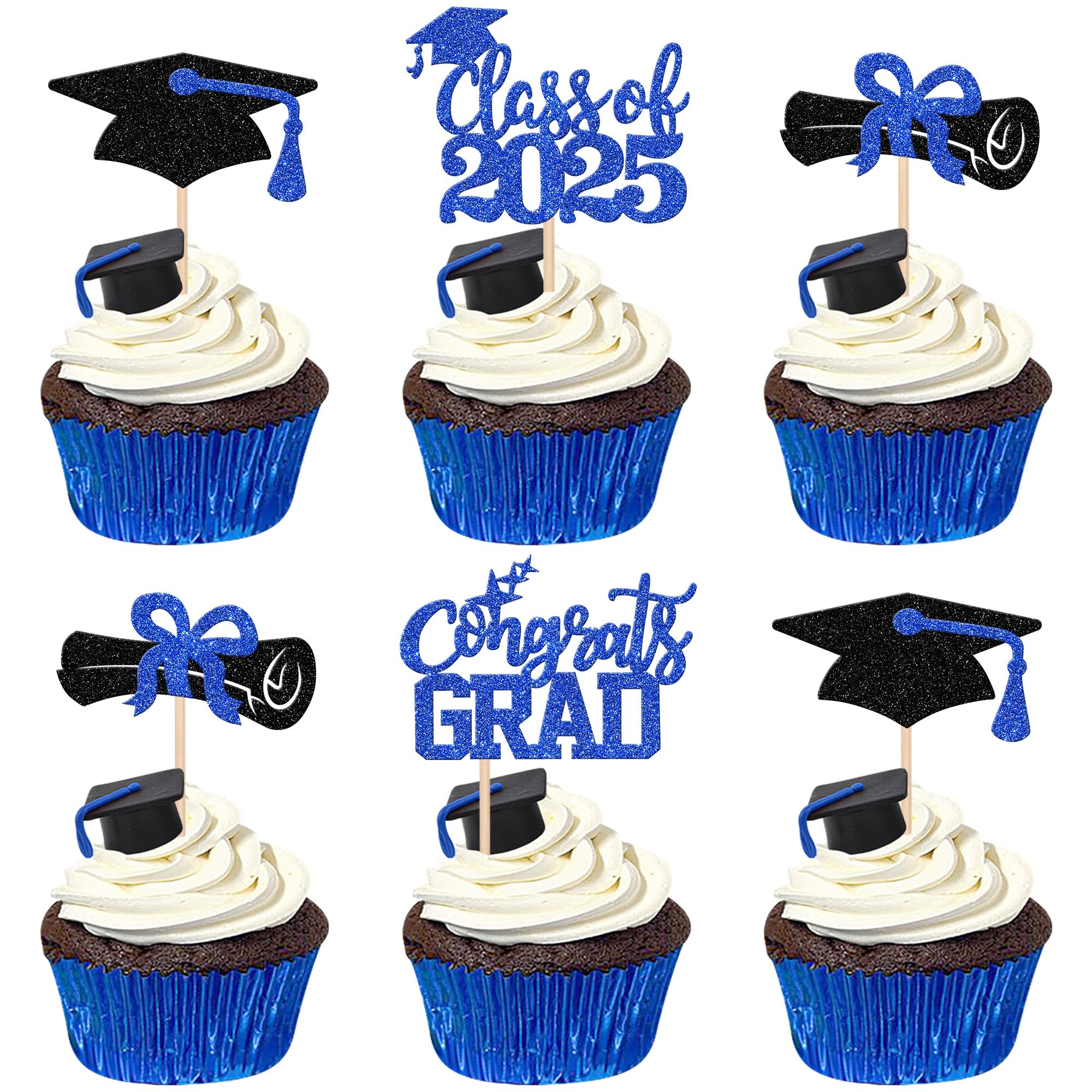 24 PCS Class of 2025 Graduation Cupcake Toppers - Glitter Diploma & Grad Cap Cake Decorations - Blue Graduation Party Supplies for 2025 Theme Celebrations, School Events & Dessert Decorating
