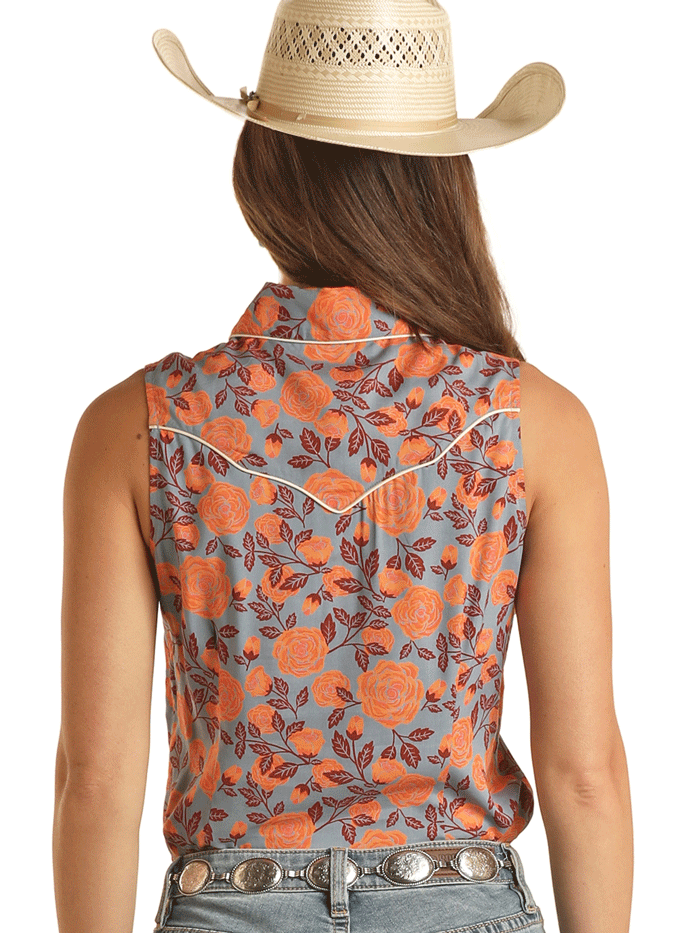 Rock & Roll Denim Women's Floral Sleeveless Snap Button Shirt - Orange Boho Western Style Top for Summer, Music Festivals & Casual Outings