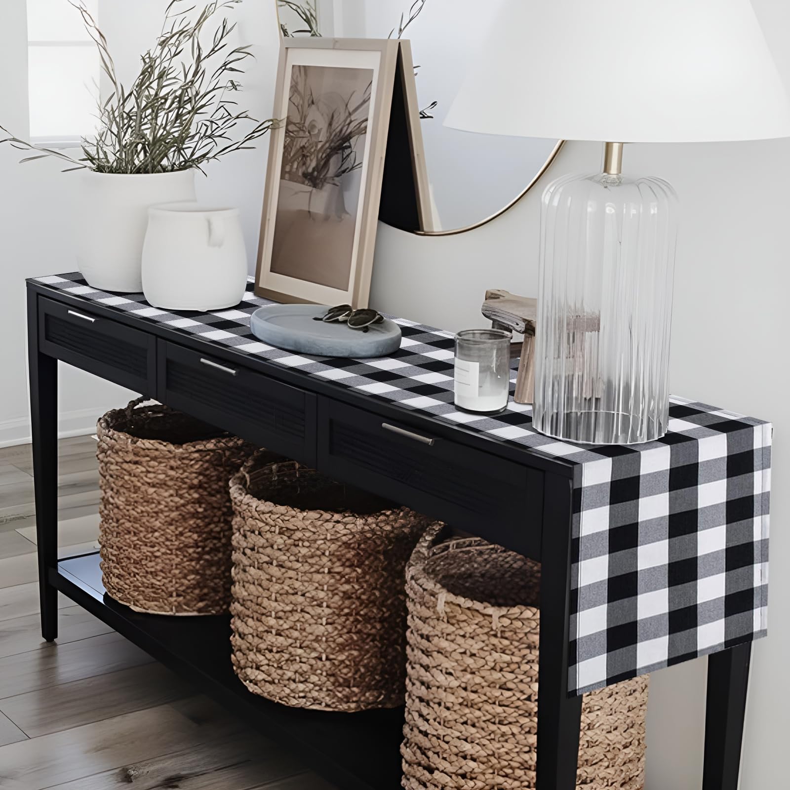 72 Inch Black and White Gingham Table Runner - Rustic Farmhouse Kitchen Decor, Buffalo Plaid Checkered Dresser Cover for Bedroom, Easter Party Table Decoration | Perfect for Spring Gatherings, Dining Room Centerpieces & Farmhouse Style Home Decor