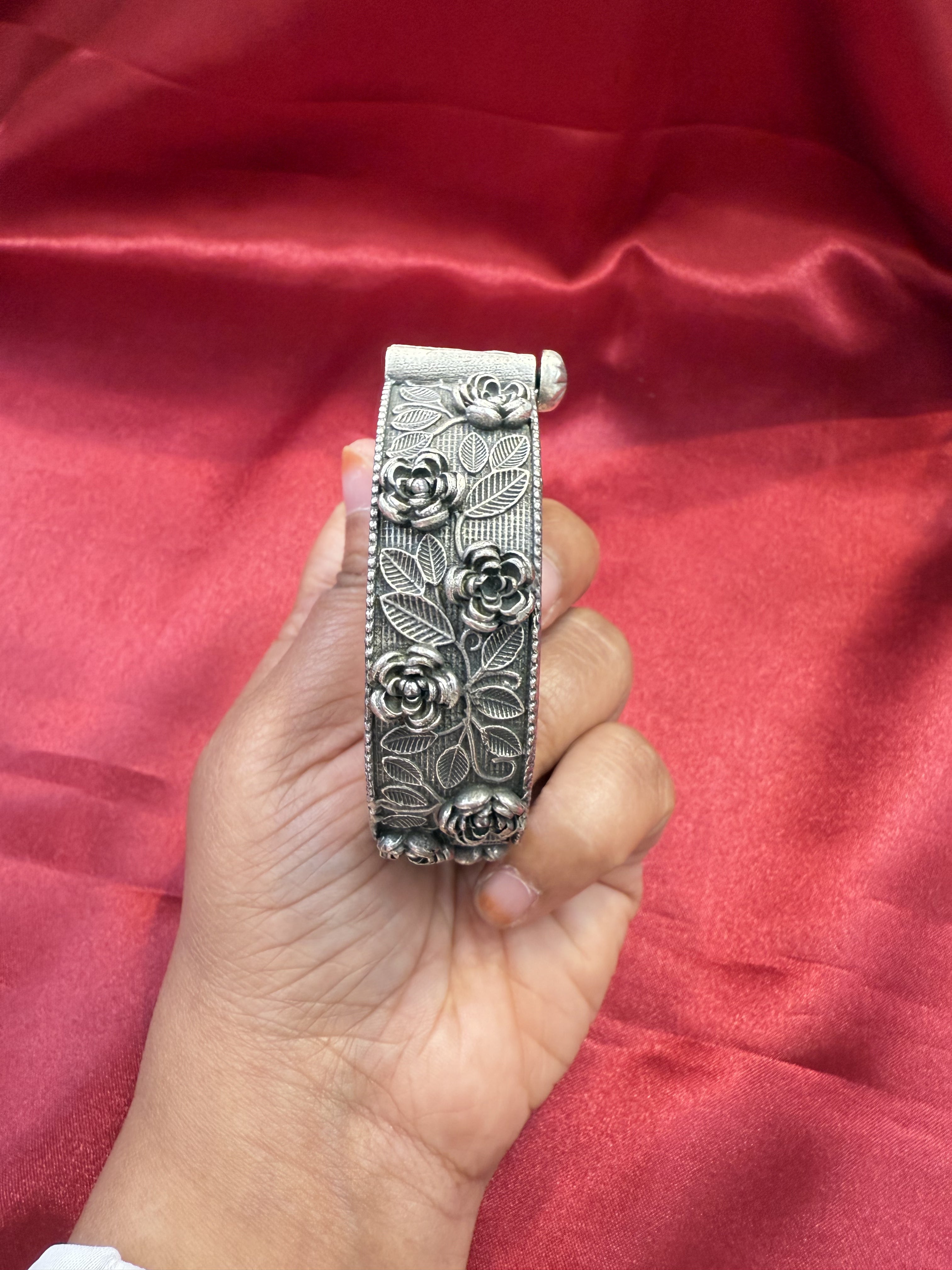 Tribal Oxidized Silver Ethnic Open Flower Design Kada Cuff Bracelet for Women - Boho Chic Handmade Jewelry for Festival, Wedding & Everyday Wear