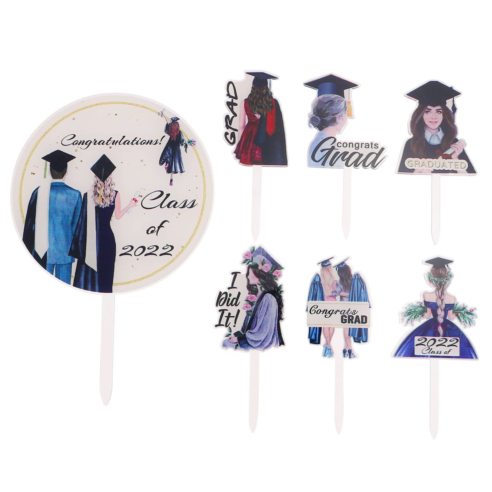 7Pcs Graduation Cupcake Toppers - Acrylic Class of 2022 Cake Decorations, Grad Party Cake Picks for Graduation Ceremony, School Celebration & Birthday Party Decor
