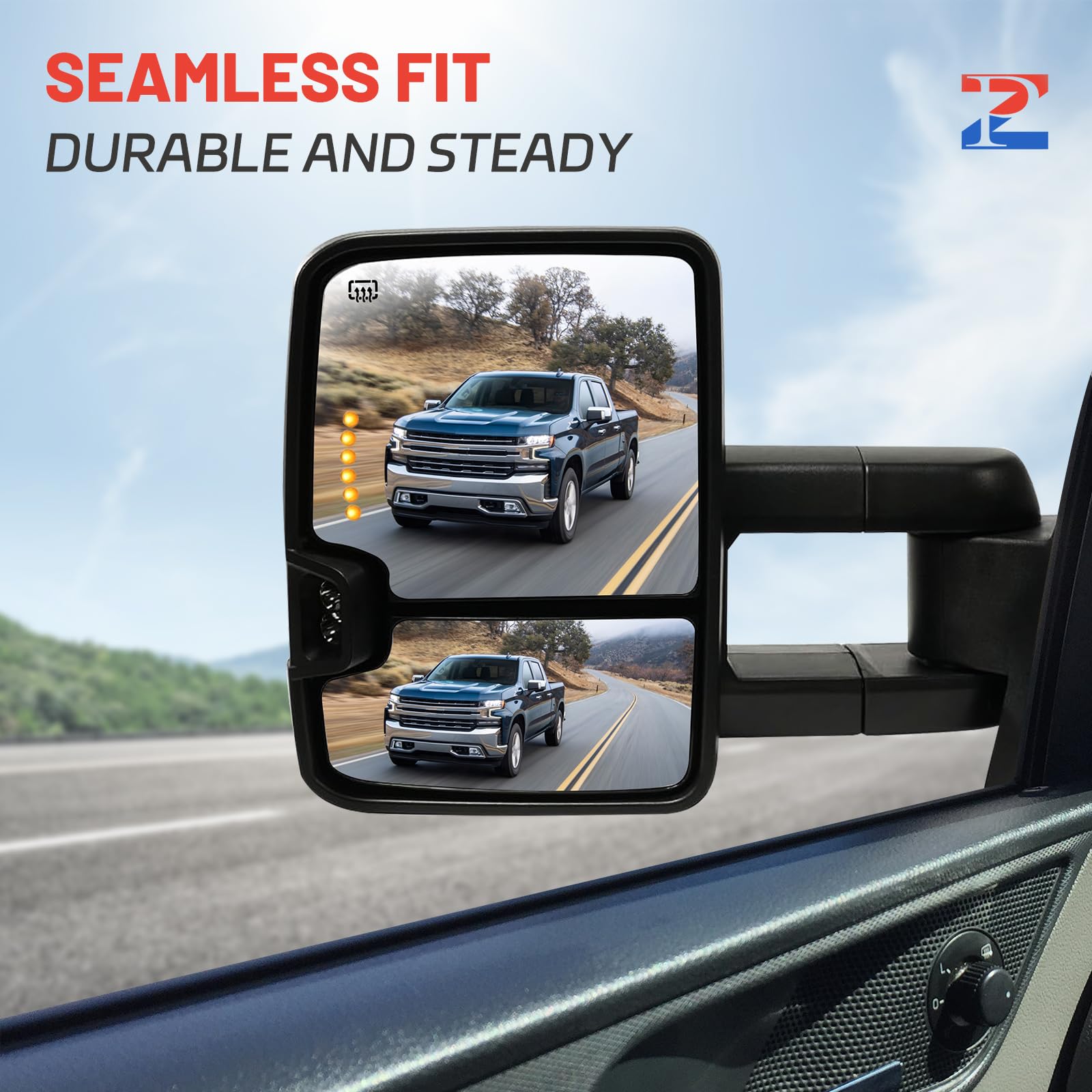 Heavy Duty Towing Mirrors for 2014-2018 Chevy Silverado/GMC Sierra 1500/2500/3500 HD - Power Heated, LED Arrow Lights, Smoked Turn Signal - Perfect for Trailering, RV & Off-Road Adventures