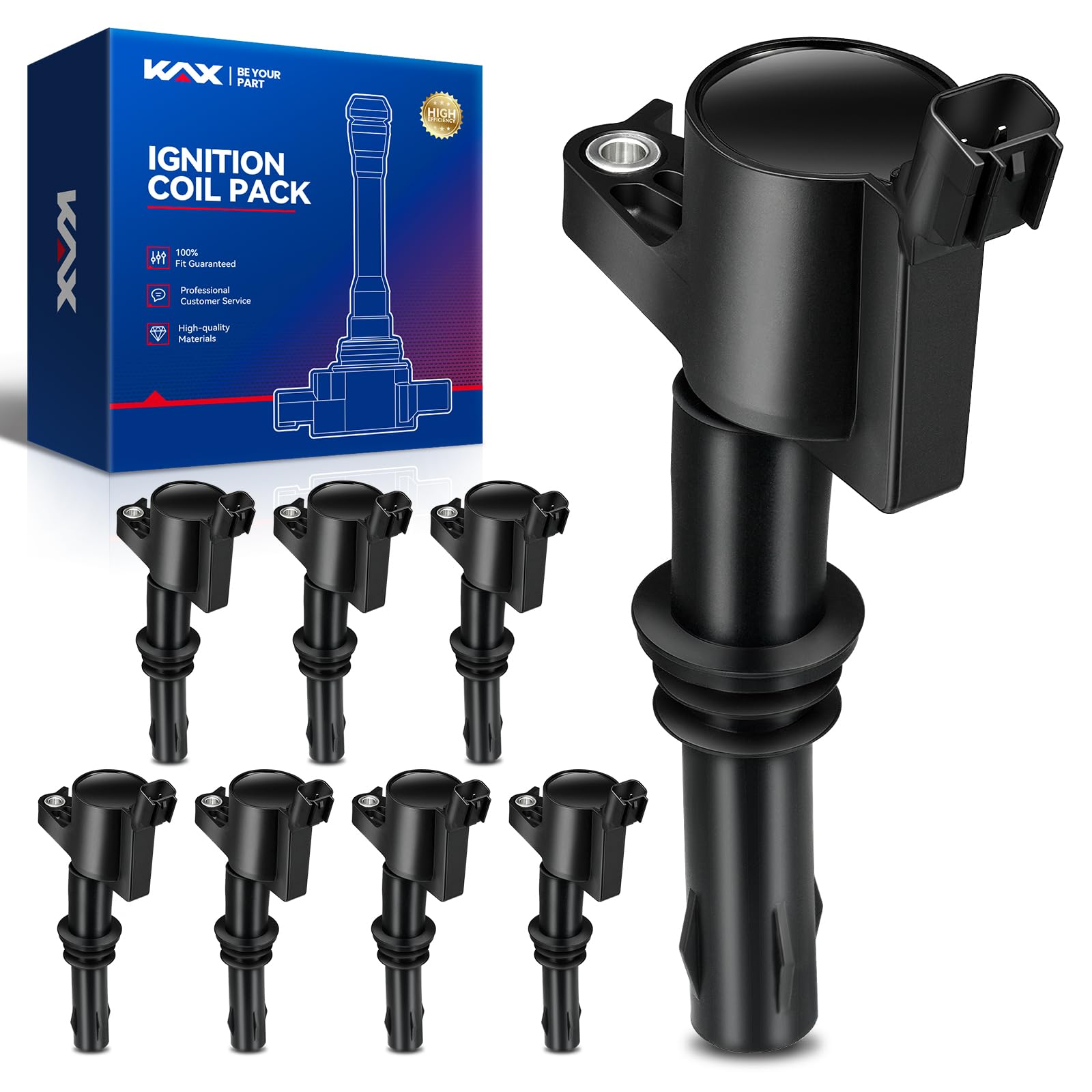 KAX FD508 Ignition Coil 8-Pack - Compatible with Ford F-150, Lincoln Navigator, Expedition, Explorer, Mustang & More (4.6L 5.4L 6.8L V8) - Replacement for DG511 C1541 FD508 - Perfect for Engine Tune-Ups & Performance Upgrades