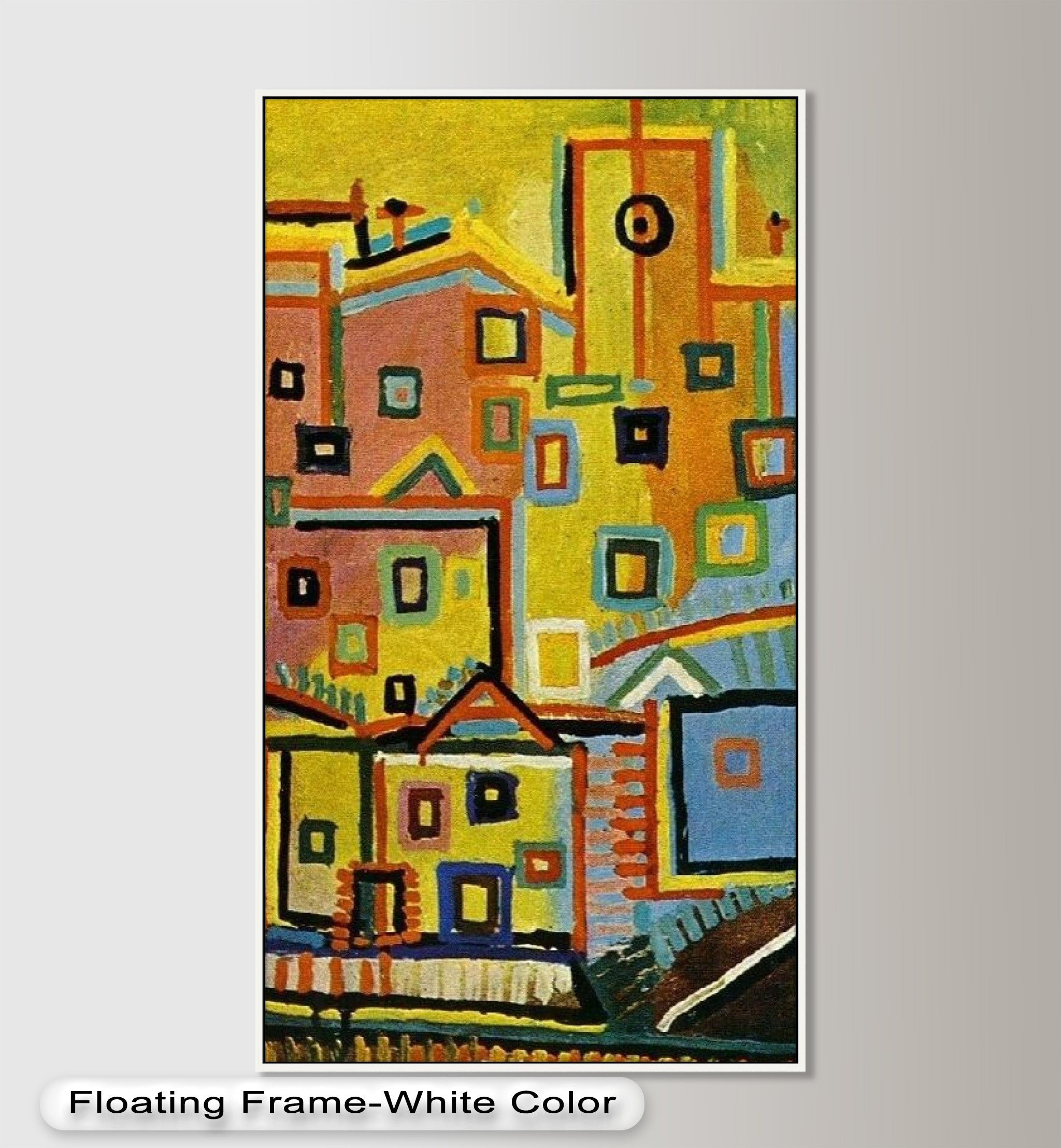 Vibrant Geometric Cityscape Wall Art - Hand-Painted Cubist Oil Painting for Modern Living Room & Office Decor