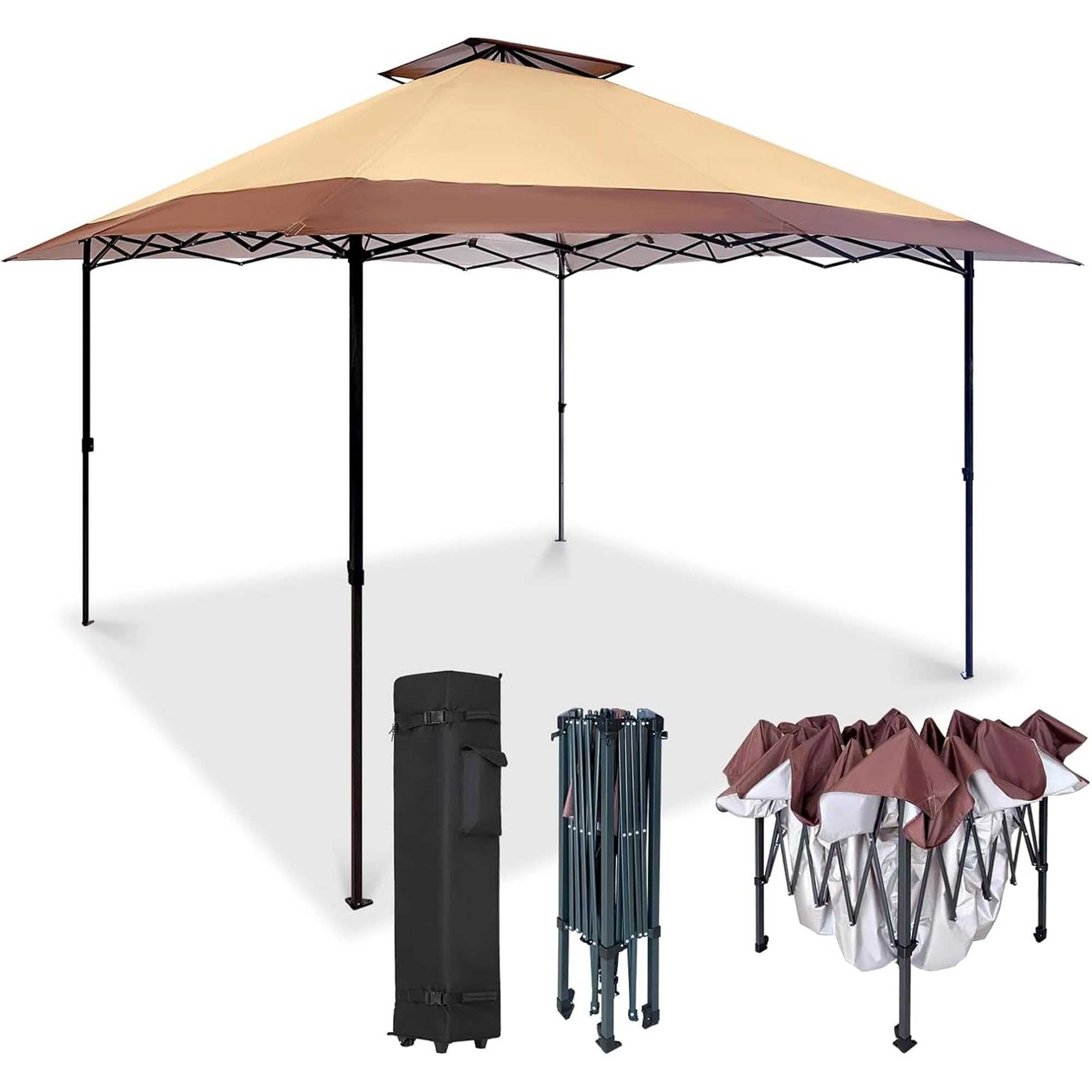 13x13 FT Instant Pop Up Canopy Tent - Heavy Duty Alloy Steel Commercial Gazebo for Outdoor Events, Backyard Parties, Camping & Beach - Portable Khaki Shelter with Carry Bag