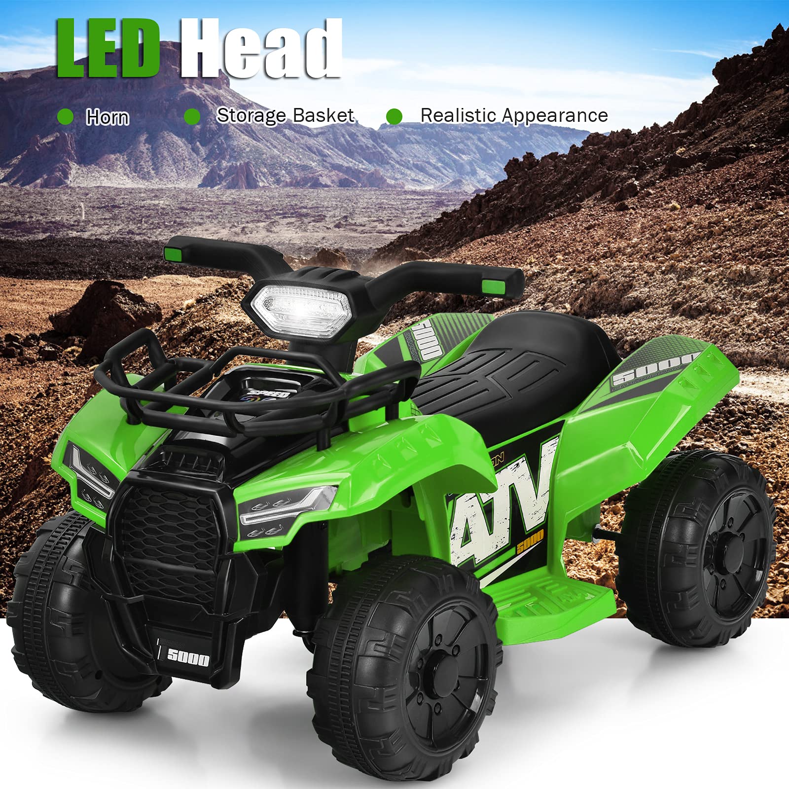 Costzon 6V Kids Electric ATV Quad - Battery Powered Ride-On Toy with Storage Basket, Headlights, Horn & Music for Boys & Girls 18-36 Months | Outdoor Play, Backyard Fun, Birthday Gift (Green)