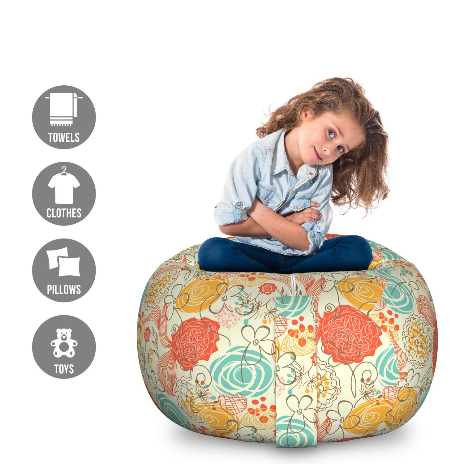Ambesonne Vintage Storage Toy Bag Chair - Large Washable Stuffed Animal Organizer with Cheerful Gardening Plants Doodle Art Pattern | Perfect for Kids' Room, Playroom & Nursery Organization