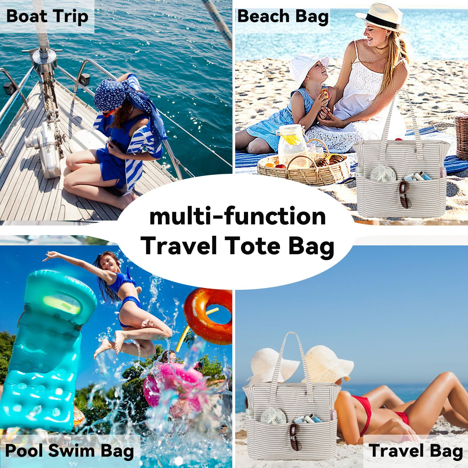 Waterproof & Sandproof Beach Tote Bag for Women - Large Zippered Pool Bag with Wet Pocket - Ideal for Swimming, Gym, Grocery Shopping & Travel
