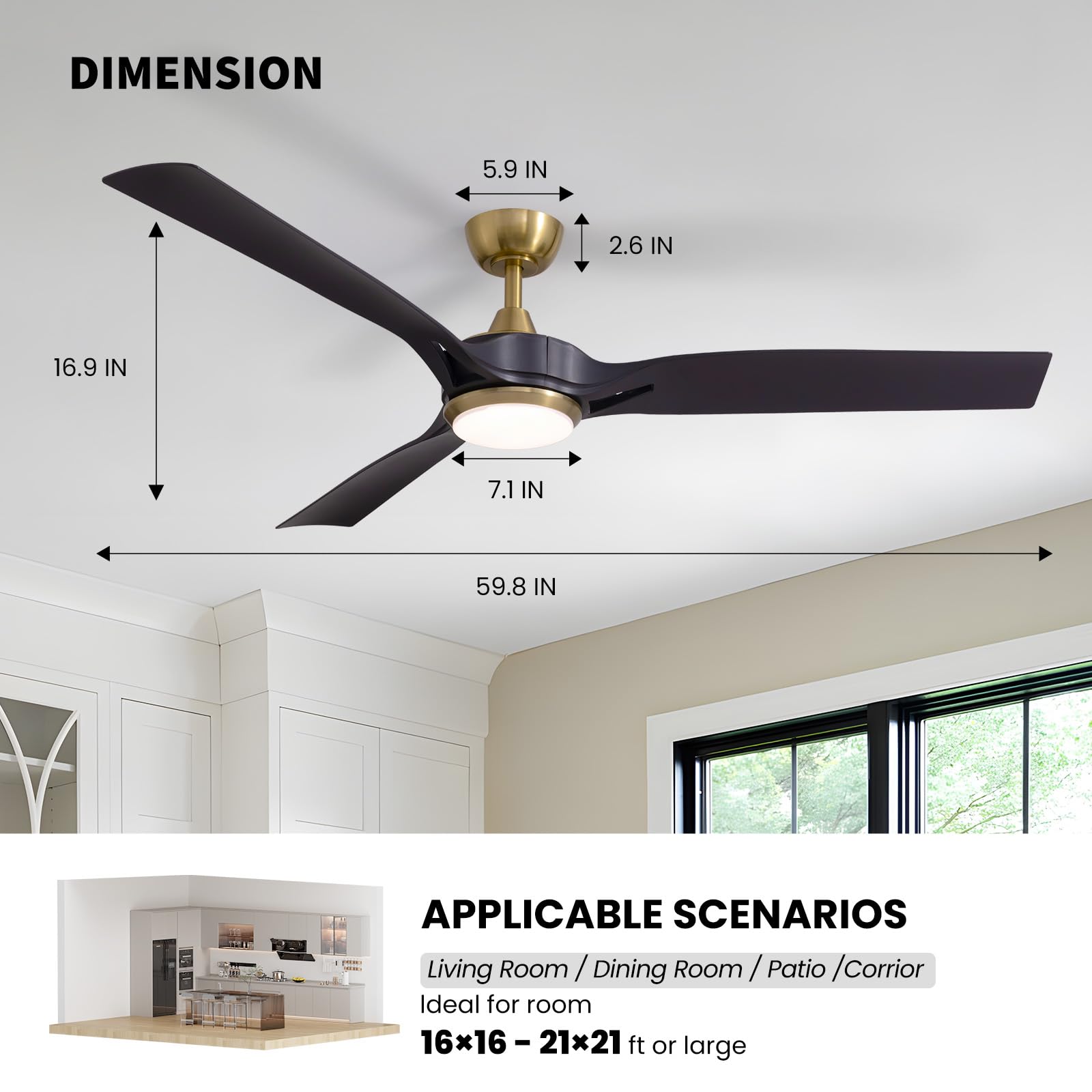 60 Inch Modern Ceiling Fan with Lights and Remote Control - 6 Speed, 3CCT, Quiet DC Motor, Reversible - Perfect for Bedroom, Living Room, Patio, Indoor and Outdoor Use