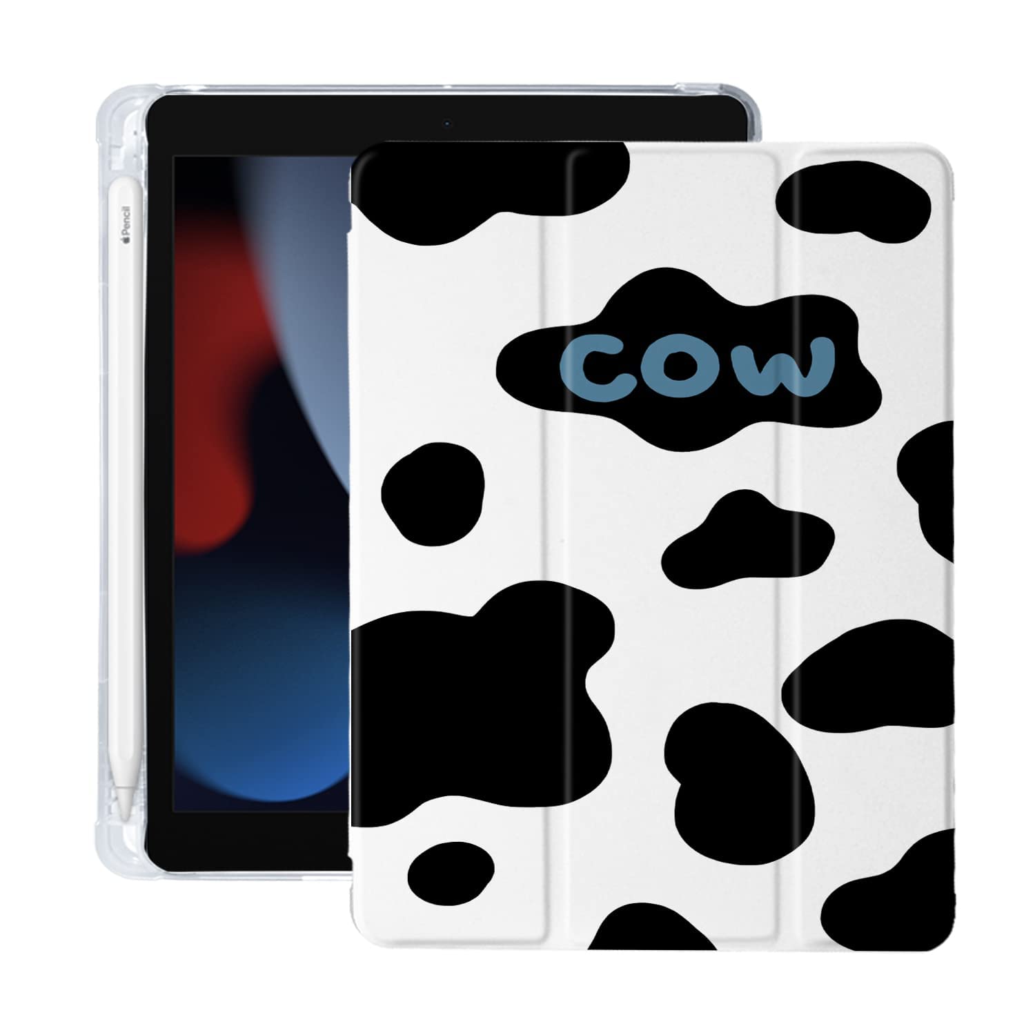 Stylish Cow Print iPad Air 3 Case with Apple Pencil Holder | Auto Sleep/Wake Feature | Premium White Leather & Clear TPU Back Cover | Compatible with iPad Pro 10.5 Inch (2017 Model) | Perfect for Work, School & Travel Protection