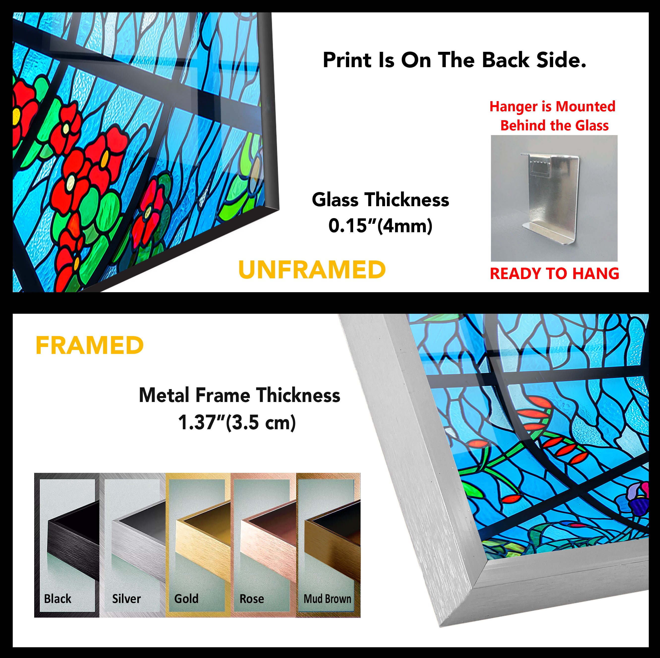 Blue Stained Glass Wall Art - Vibrant Floral & Ocean Window Design for Home & Office Decor | Perfect for Living Room, Bedroom, or Office Wall Decorations