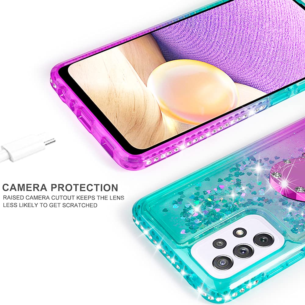 SOGA Quicksand Cute Girl Phone Case for Samsung Galaxy A32 5G - Anti-Slip Diamond Ring Magnetic Car Mount & Lanyard - Purple/Teal - Perfect for Daily Use, Driving & Travel