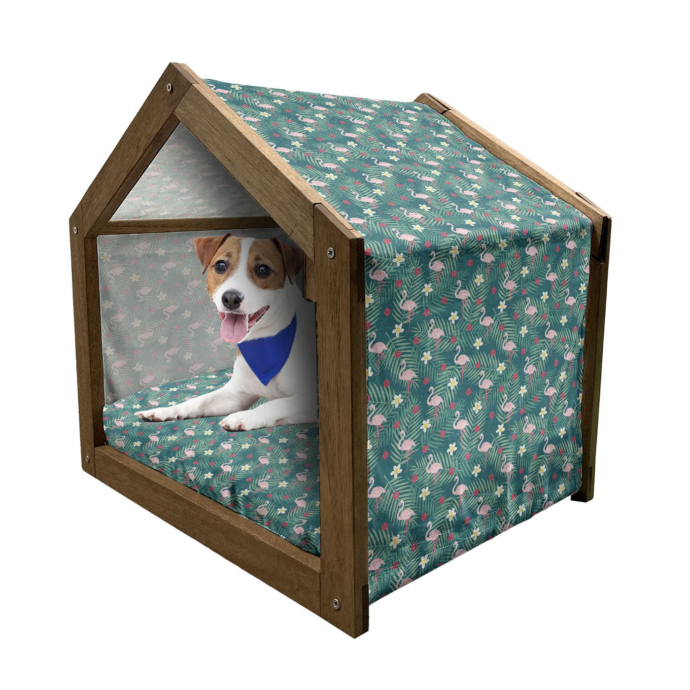 Ambesonne Flamingo Wooden Pet House - Tropical Hibiscus & Palm Leaf Design Indoor/Outdoor Portable Dog Kennel with Pillow & Cover, Medium Size in Dark Teal Rose Magenta - Perfect for Backyard, Patio, or Living Room Pet Comfort