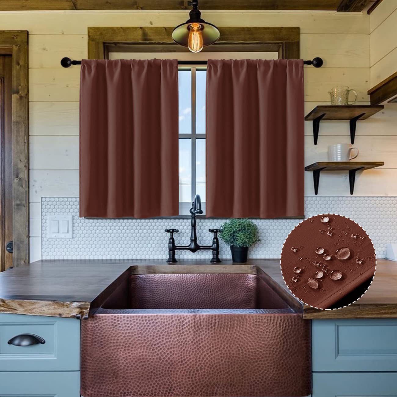 Copper Kitchen Window Curtains 24 Inch Length - Rustic Wood Red Brown Color - 2 Pack Small Door & Bathroom Curtains with Sink Accessories | Perfect for Farmhouse, Cottage & Vintage Home Decor