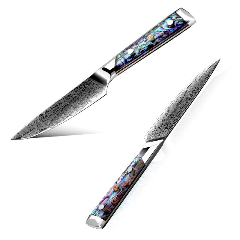 Premium Ronin Chef Knife - VG10 Damascus Steel Japanese Petty Knife with Genuine Abalone Shell Handle - Perfect for Sushi, Vegetables & Precision Kitchen Tasks