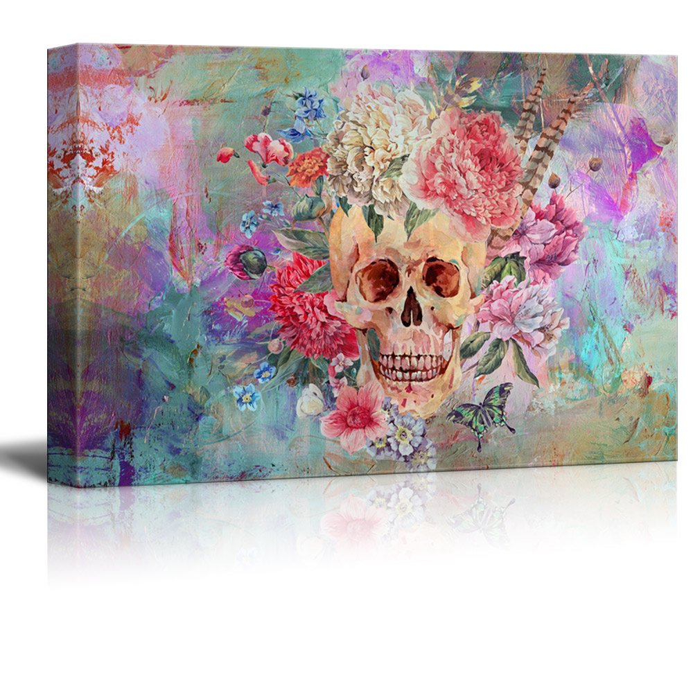 Wall26 - 16x24 Inches Skull and Flowers Canvas Print Wall Art, Abstract Background Gallery Wrap Modern Home Decor - Ready to Hang | Perfect for Living Room, Bedroom & Office Decor