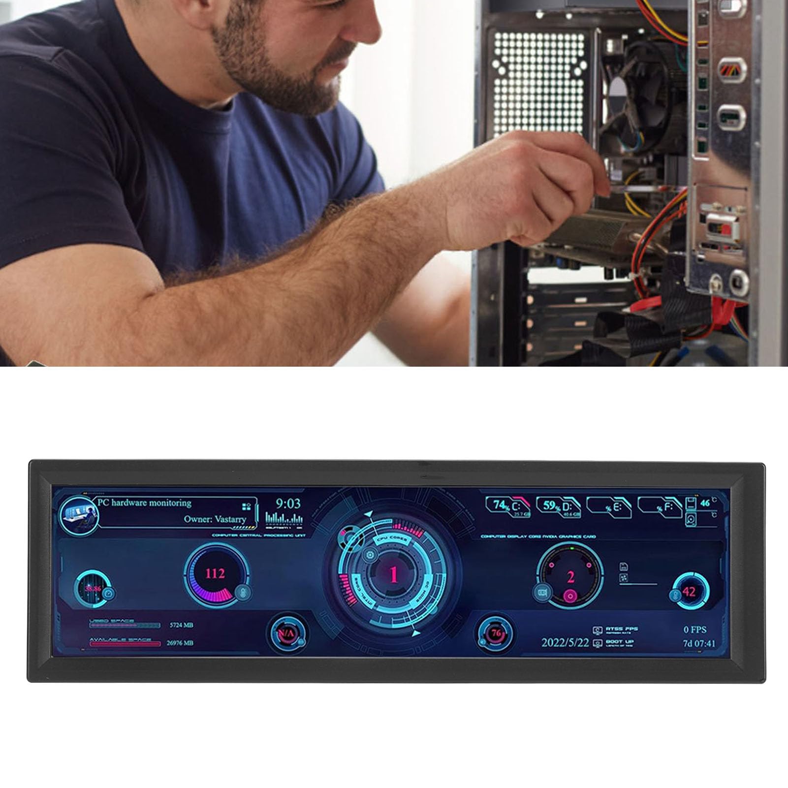 Elprico 8.8 Inch PC Temperature Monitor - IPS USB Mini Screen with 1920x480 Resolution - Real-Time CPU, RAM & GPU Data Display for Gaming PC, Workstation & Custom Builds - Compatible with AIDA64 & ARGB Lighting