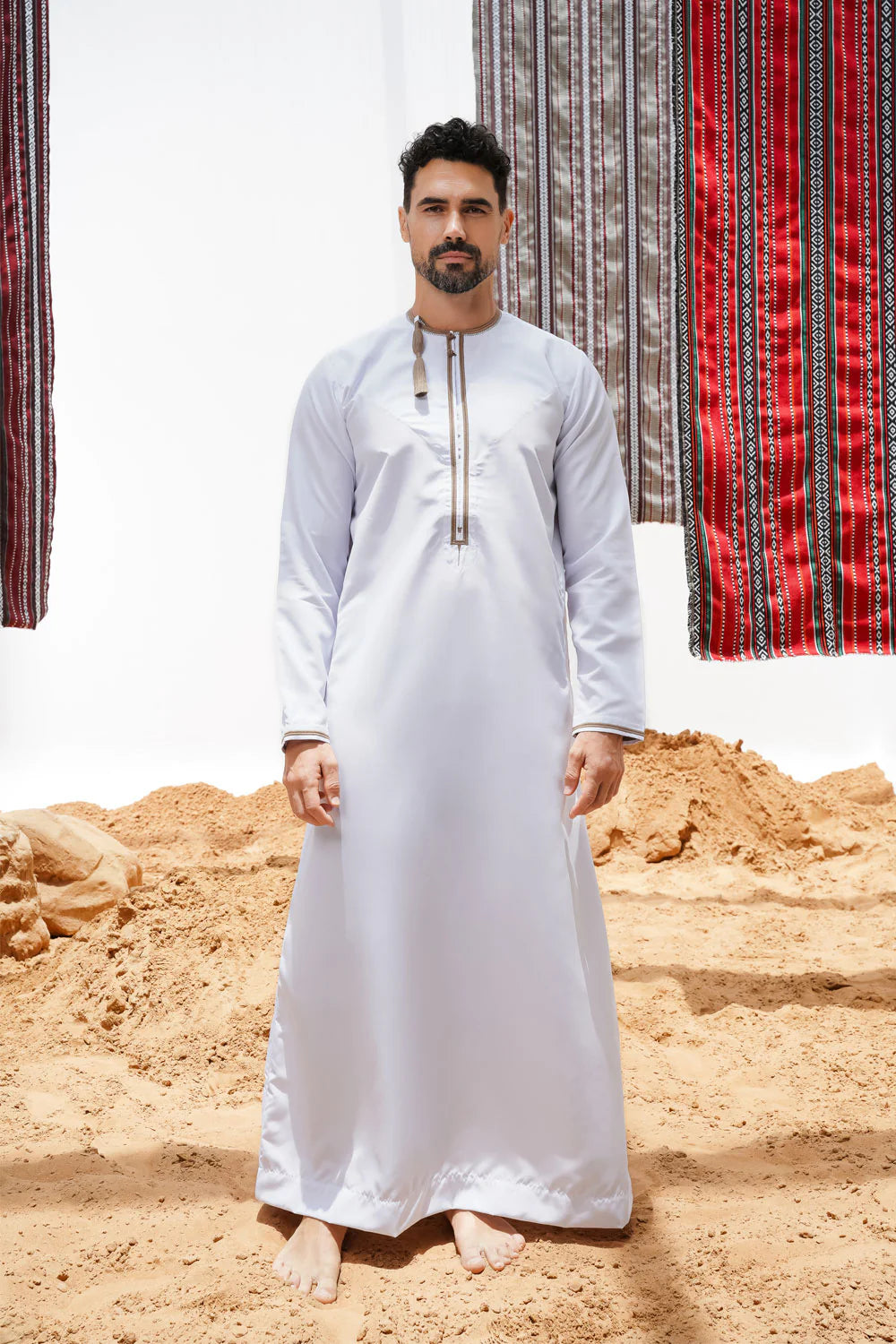 Premium Faris Omani Thobe Jubba - Traditional White & Olive Embroidered Arabic Robe for Men - Perfect for Eid, Weddings & Special Occasions