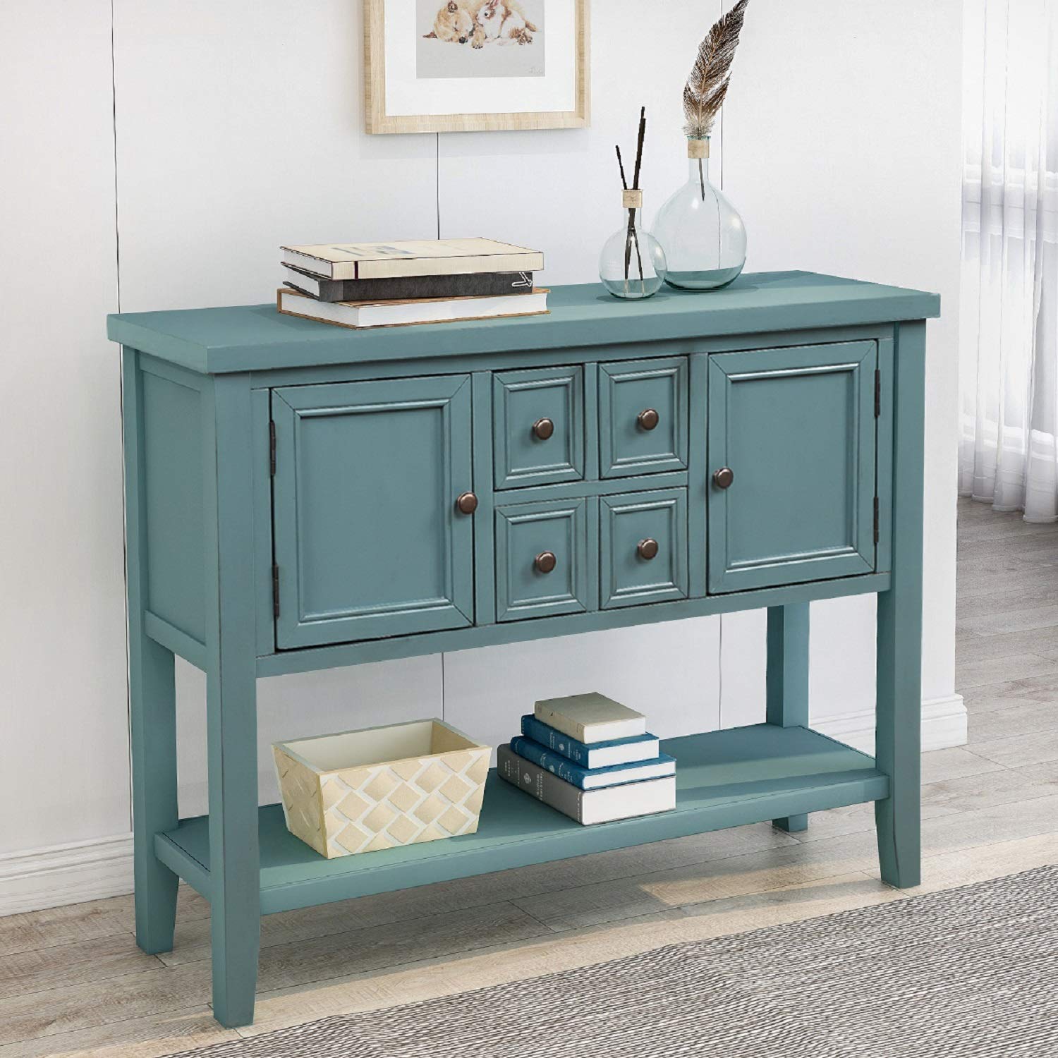 Harper & Bright Designs Buffet Cabinet - Dark Blue Kitchen Storage Sideboard with 4 Drawers, 2 Cabinets & Bottom Shelf | Perfect for Dining Room, Living Room & Entryway Organization