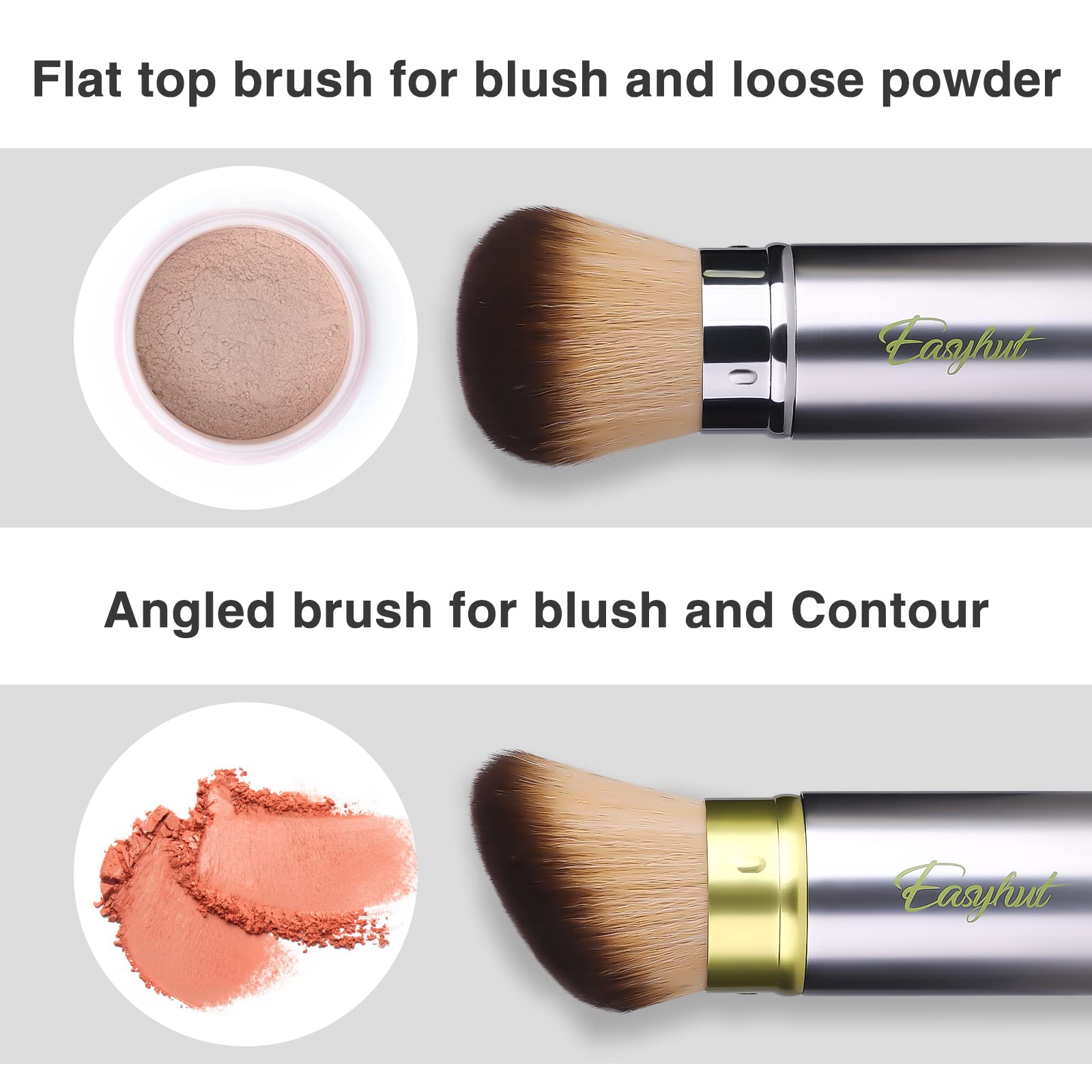 Retractable Kabuki Makeup Brush Set - 2 Pcs Flat & Angled Top Blush & Powder Brushes for Liquid, Cream & Cosmetics - Travel Friendly Makeup Tools (Silver Green) - Perfect for On-the-Go Touch Ups & Professional Makeup Application