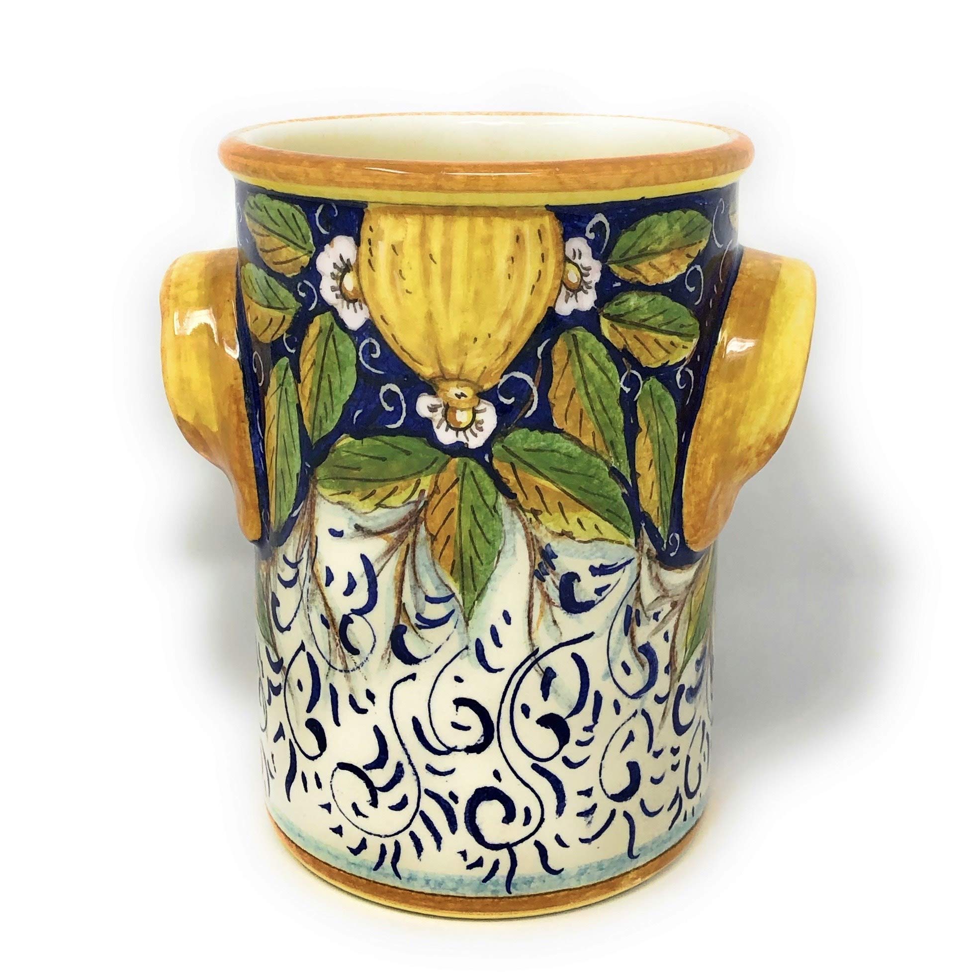 Hand-Painted Italian Ceramic Utensil Holder & Wine Bottle - Tuscan Art Pottery with Three Lemons Design - Made in Italy - Perfect for Kitchen Decor & Wine Storage