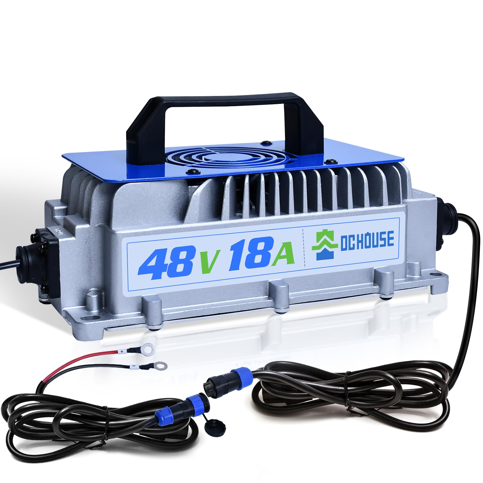 48V 18A 900W Lithium Battery Fast Charger with Cooling Fan - IP65 Waterproof & Anti-Fall - ≥93% Charging Efficiency - Compatible with Golf Carts, Forklifts, Marine Batteries - Perfect for Outdoor, Industrial & Marine Applications
