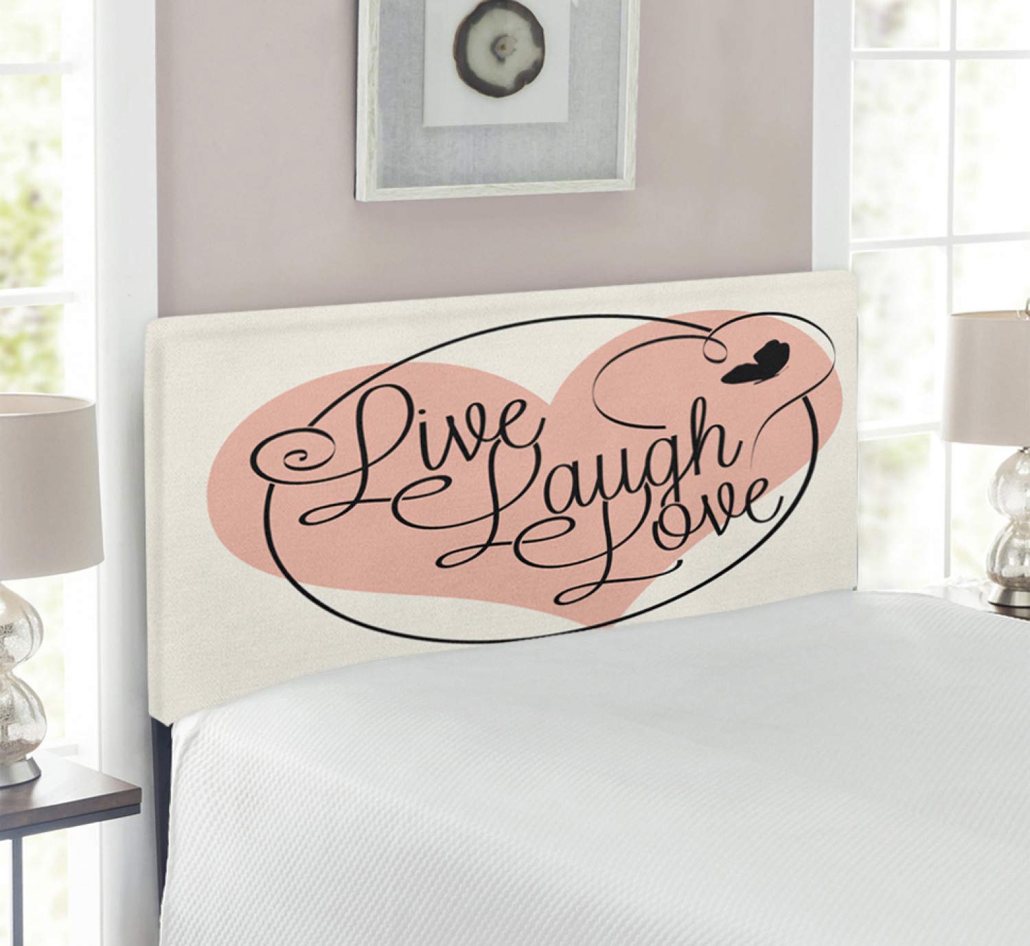 Ambesonne Live Laugh Love Upholstered Headboard - Romantic Valentine's Day Themed Bed Headboard with Heart & Butterfly Calligraphy Art, Memory Foam Padding, Twin Size in Pale Pink, Black & White - Perfect for Master Bedroom Decor, Guest Room Accent & Valentine's Gift