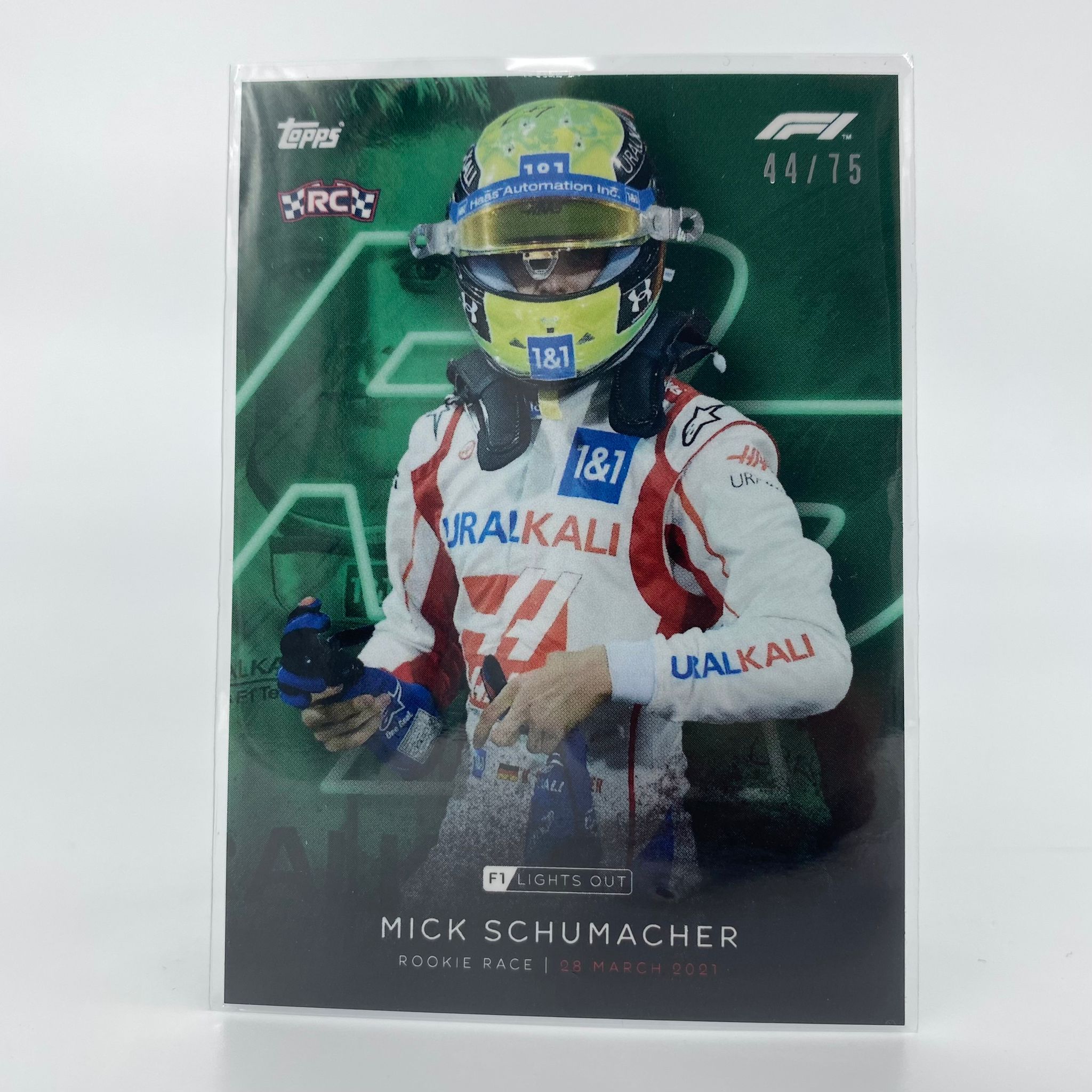 44/75 Mick Schumacher Rookie Race Green Parallel - Limited Edition Collectible Card for F1 Racing Fans & Memorabilia Enthusiasts
