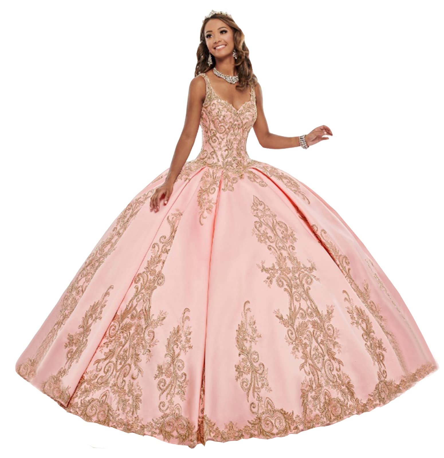 Emanni Women's Elegant Spaghetti Strap Embroidered Quinceanera Dress with Beaded Details - Sweet 16 Ball Gown in Pink | Perfect for Quinceañeras, Prom, Formal Dances & Special Occasions
