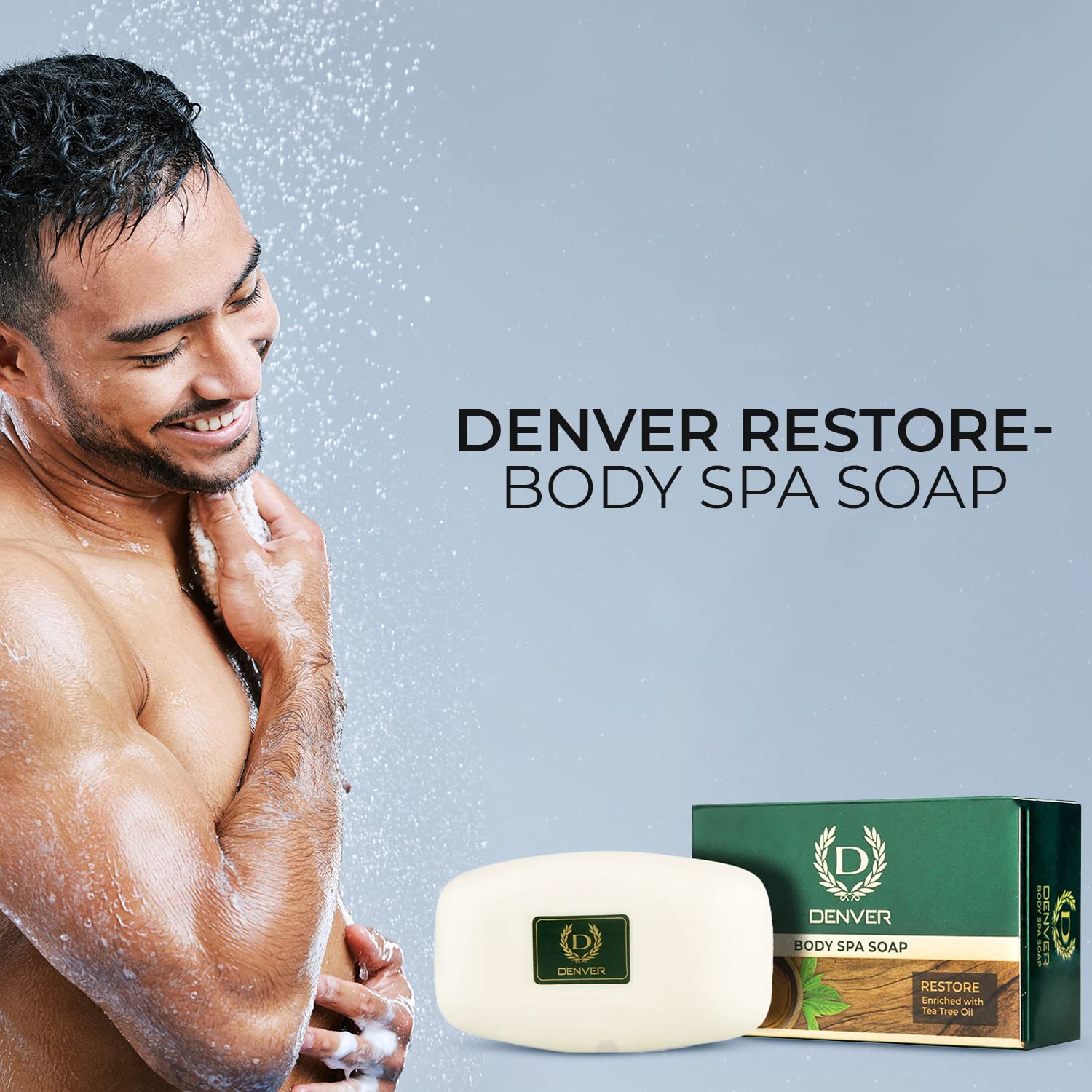 DENVER Restore Body Spa Soap - 125GM Each (Pack of 4) | Tea Tree Oil Enriched | Moisturizing Scented Soap Bar for Men & Women | Perfect for Shower, Bath & Relaxation