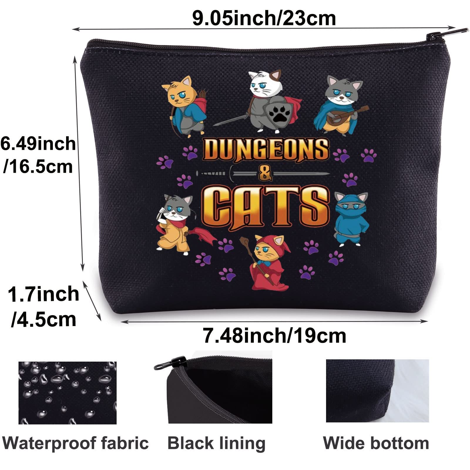 Dungeons and Cats Themed Makeup Bag - D20 Dice Dragon Master Zipper Pouch for RPG Gamers | Perfect for Cosplay, D&D Sessions & Fantasy Gift Giving