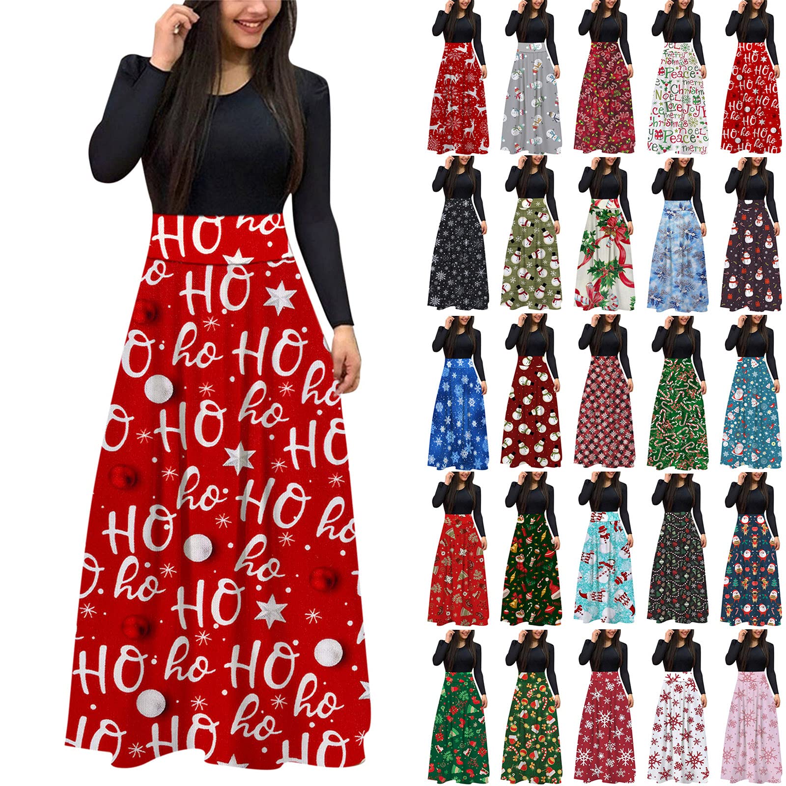 YSWD Women's Christmas Print Maxi Dress - Long Sleeve High Waist Party Dress for Holiday, Casual Wear & Special Occasions | Perfect for Christmas Parties, Family Gatherings & Festive Events