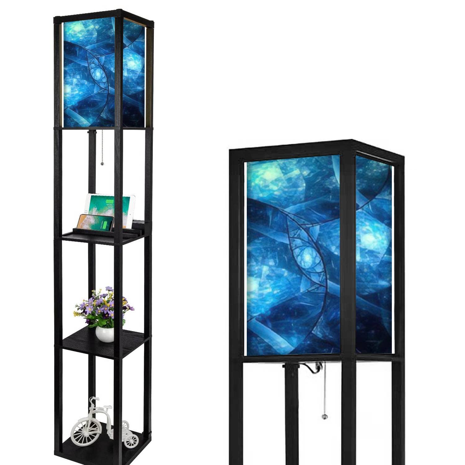 Blue Glowing Stained Glass Fractal Abstract Floor Lamp with Shelves, USB Ports & Power Outlet - Modern Corner Standing Lamp with Linen Shade for Living Room & Bedroom - Perfect for Reading Nook, Home Office or Cozy Night Lighting