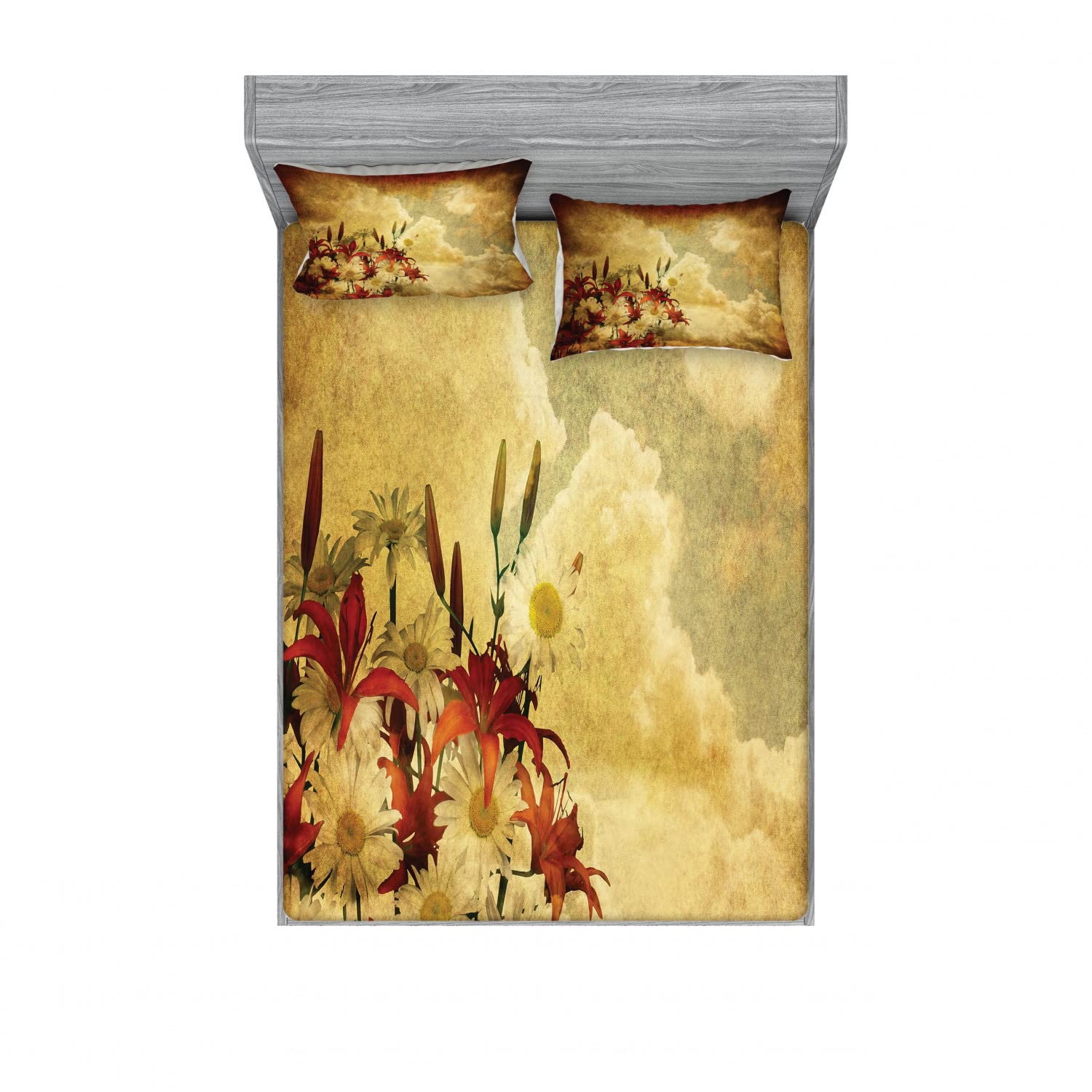 Ambesonne Vintage 2-Pack Full Size Fitted Sheet Set with 4 Pillow Shams - Retro Chamomile Floral Bedding in Tan & Orange - Soft Wrinkle-Resistant Sheets for Guest Rooms, Dorms & Cozy Bedroom Decor