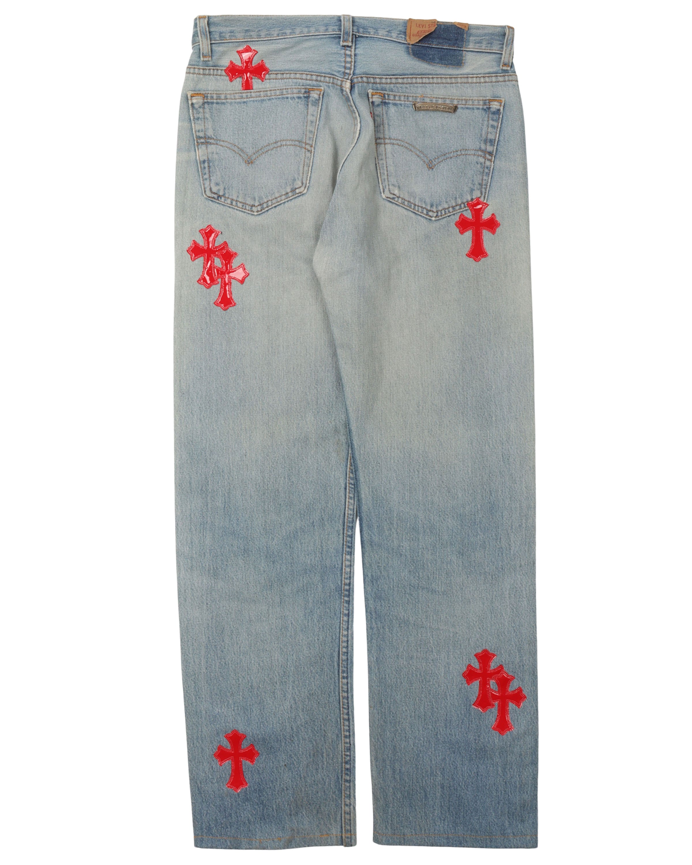 Unique 1 of 1 Patent Leather Cross Patch Levi's Jeans - Vintage Denim Pants for Streetwear & Fashion Collectors