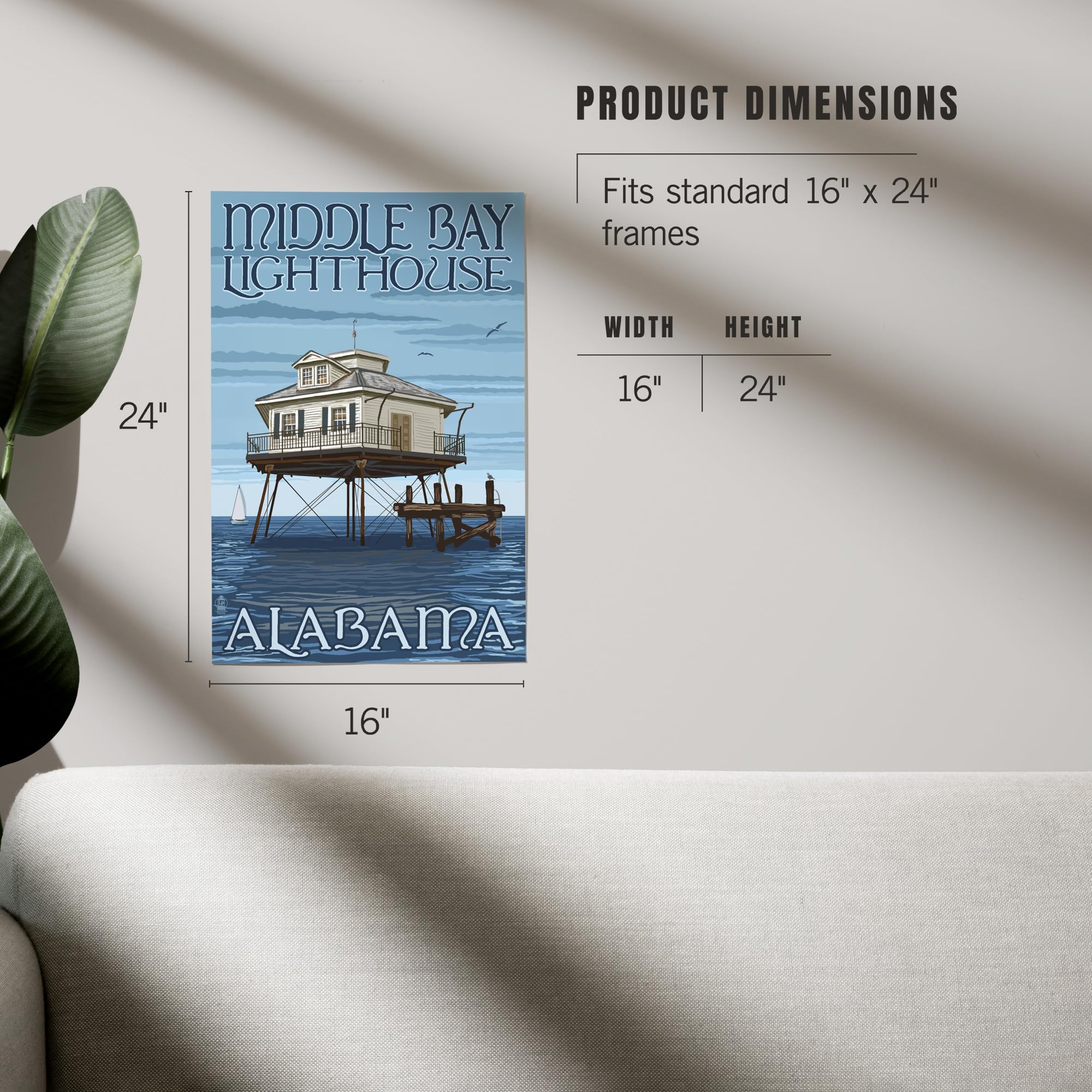 Lantern Press 16x24 Inch Giclee Art Print - Alabama Middle Bay Lighthouse Wall Decor | Coastal Home Decor, Beach House Art, Nautical Living Room Decor