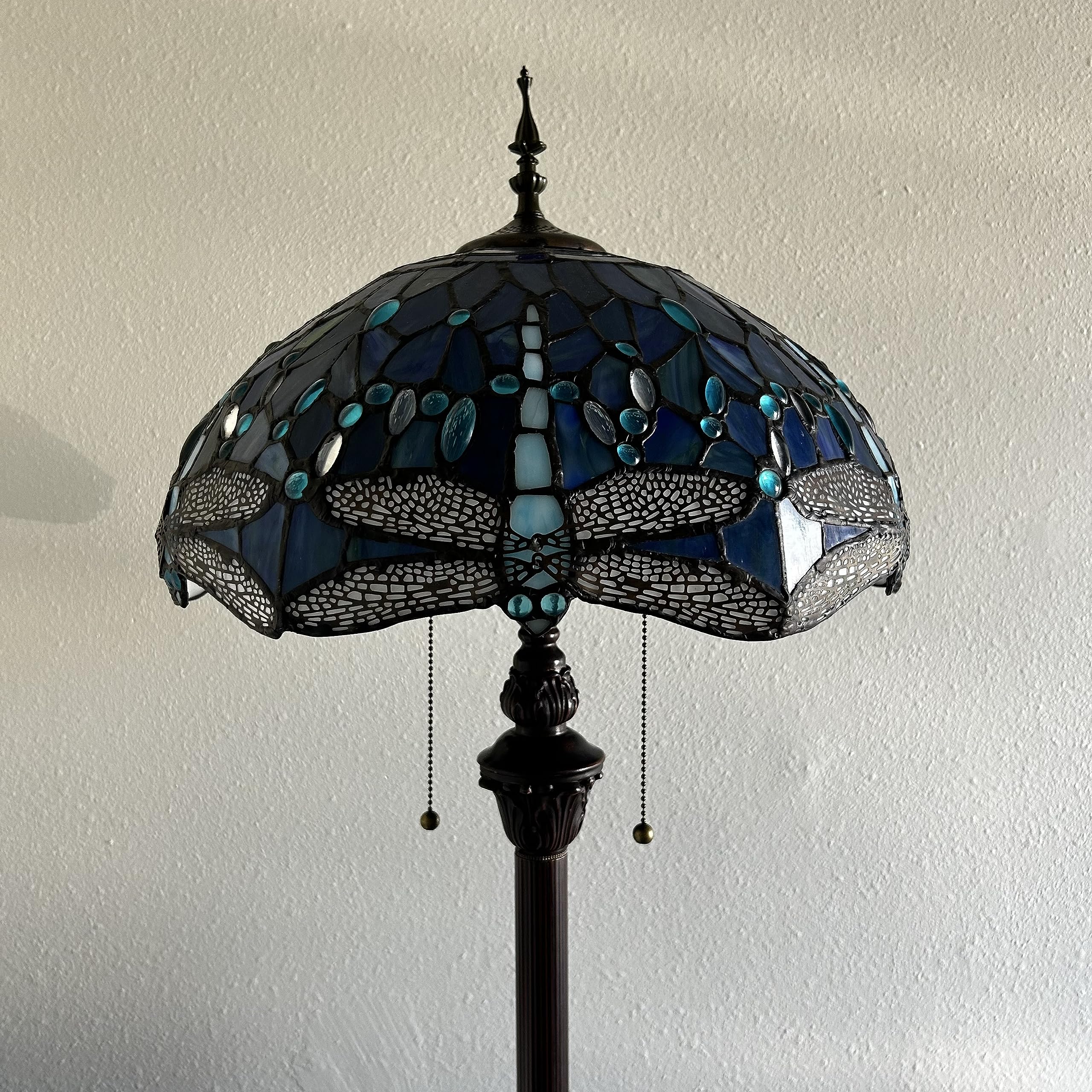 Tiffany Blue Stained Glass Dragonfly Floor Lamp with Metal Base & LED Bulbs - 16