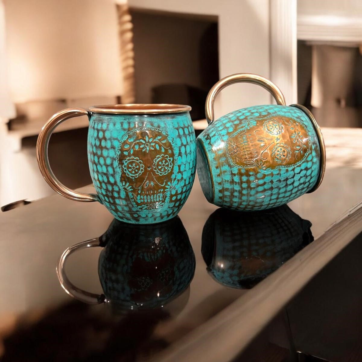 Set of 2 Handcrafted Copper Mugs with Skull Design - Hammered Finish & Turquoise Patina for Day of the Dead Decor | Perfect for Halloween Party, Home Bar & Gothic Themed Gifts