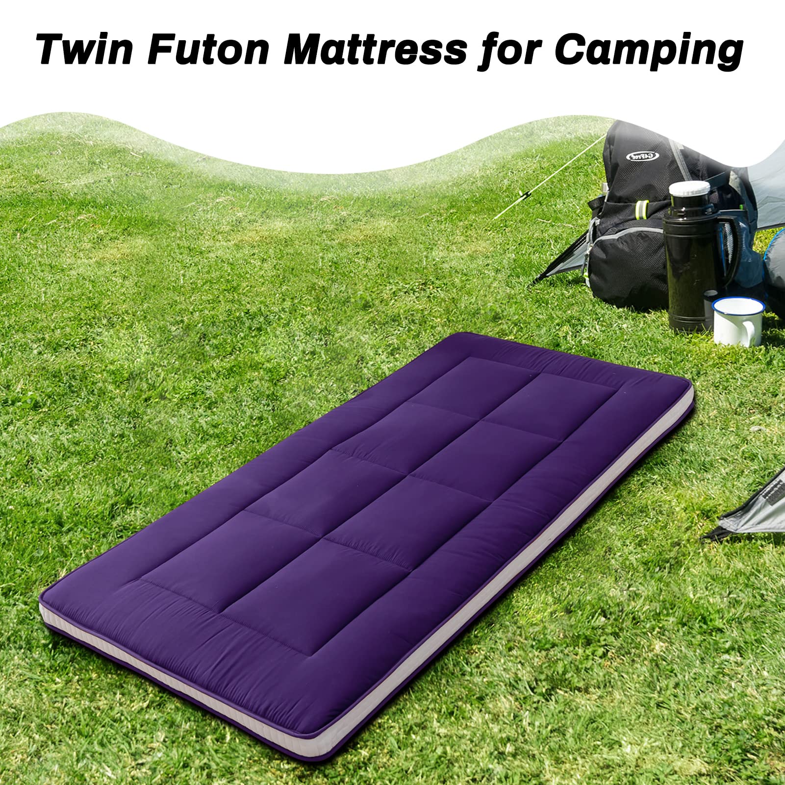 MAXYOYO Twin Bed Mattress - Japanese Floor Futon Mattress for Camping & Home Use | Foldable Portable Twin Mattress Pad Topper | Purple Single Floor Bed | Perfect for Guest Rooms, Dorms, Camping & Small Spaces