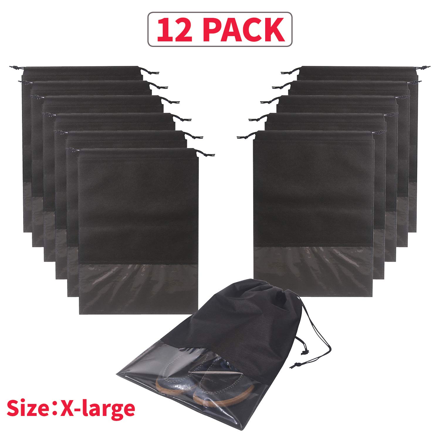 12PCS Travel Shoe Bags with Drawstring - Large Shoe Storage Pouches for Men & Women - Black - Perfect for Packing, Gym, Camping & Organization
