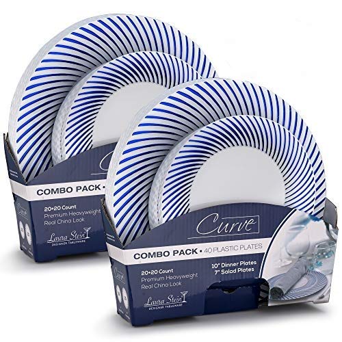 Laura Stein Designer 80-Piece Premium Plastic Dinnerware Set - White with Blue Rim (40x10.75
