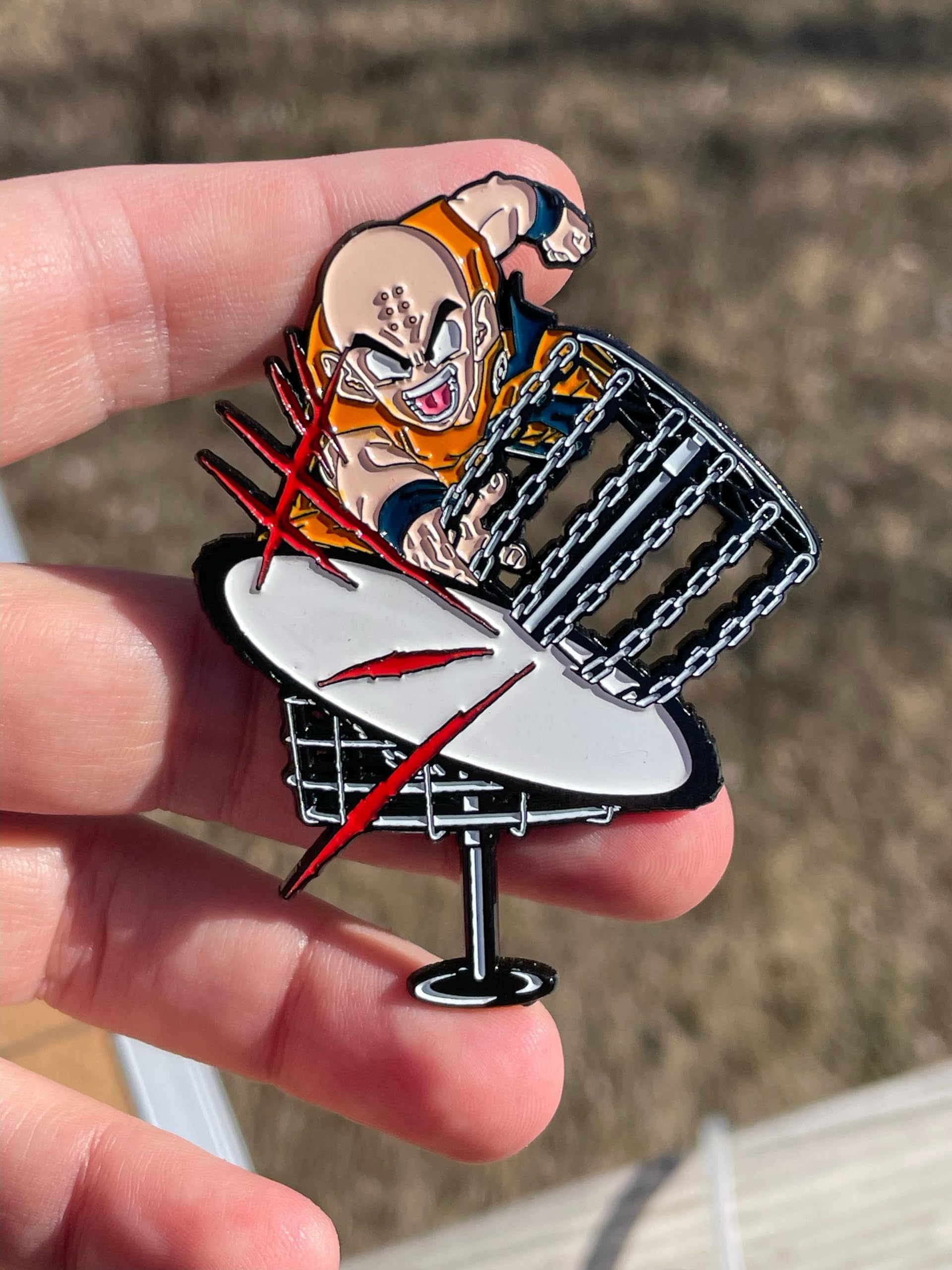 Festi Daze Krillin Destructo Disc Golf Enamel Pin - Funny Dragon Ball Z Inspired Golf Accessory for Men - Durable Zinc Alloy Bag Pin for Disc Golfers - Perfect for Backpacks, Hats & Tournament Style