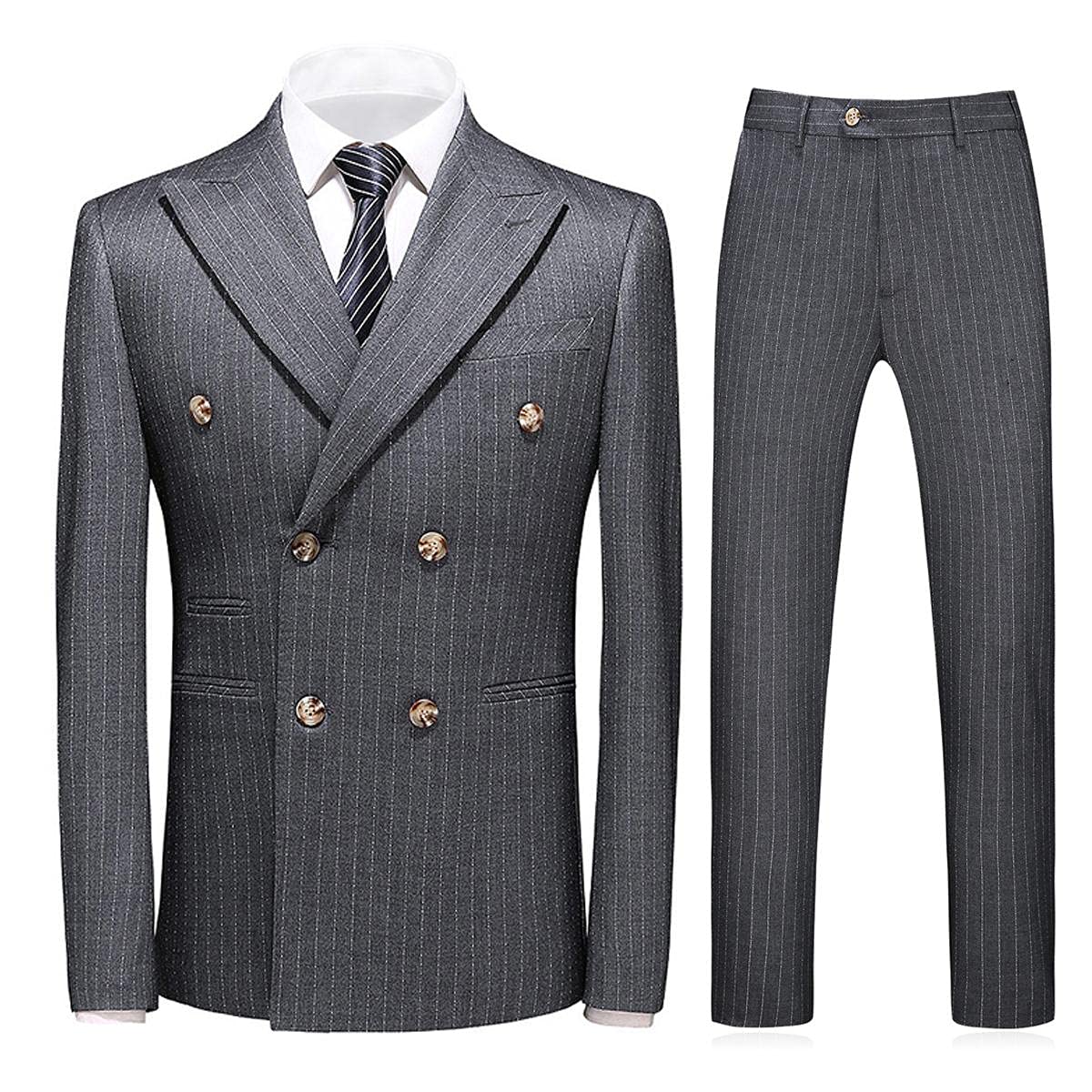 KUDORO Men's 3 Piece Slim Fit Double Breasted Pinstripe Suit - Formal Wedding Tuxedo & Business Attire for Groom, Prom, Office & Special Occasions