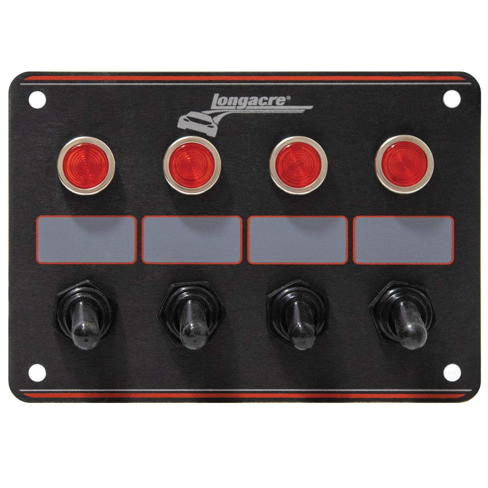 Longacre 52-44865 4 Switch Accessory Panel with 4 Pilot Lights - Black | Heavy-Duty Electrical Control Panel for Racing, Automotive & Marine Applications