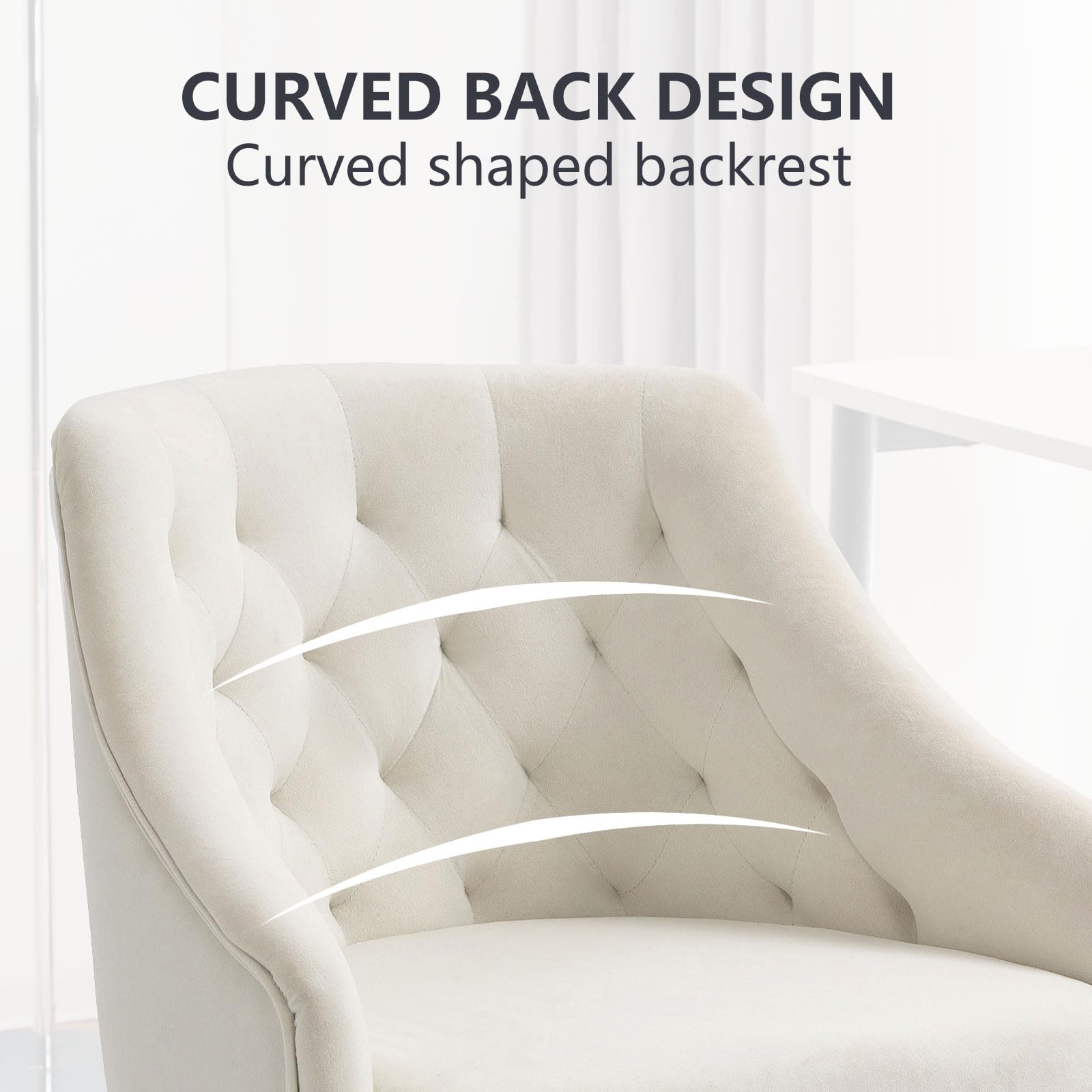 MOJAY Velvet Office Swivel Chair - Adjustable Height 360° Rotating Vanity Desk Chair with Gold Base, Soft Fabric Upholstery for Women's Home Office, Reception Area, and Dressing Room (White)