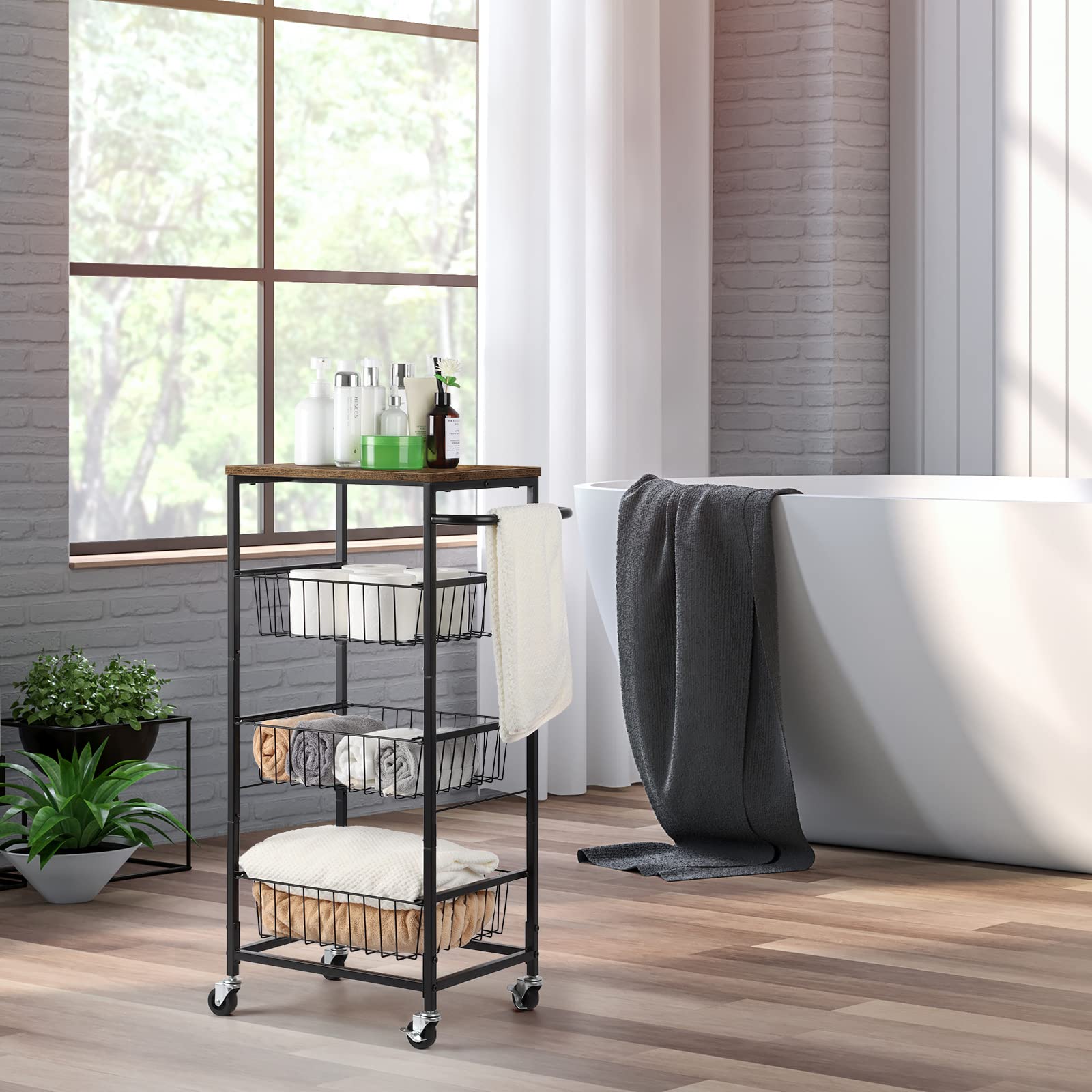 Smusei 4-Tier Rolling Kitchen Cart with Pull-Out Baskets - Mobile Metal Utility Storage Cart for Home, Bathroom, Pantry Organization - Perfect for Small Spaces, Kitchen Prep & Bathroom Storage