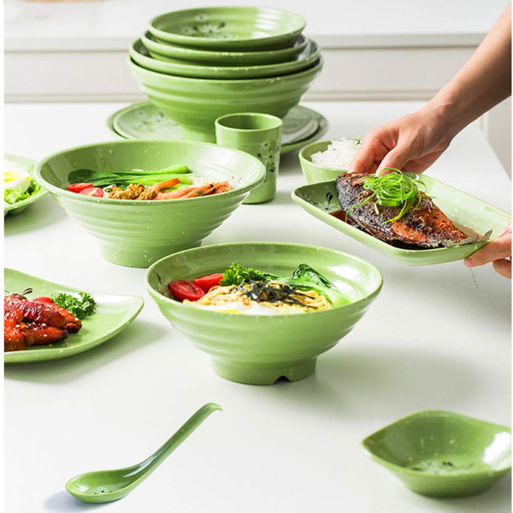 Premium Hemoton Melamine Soup Spoons - Set of 3 Japanese Style Asian Rice Spoons with Hook & Long Handle - Durable for Restaurants, Food Shops & Catering - Perfect for Ramen, Pho & Hot Pot (Green)